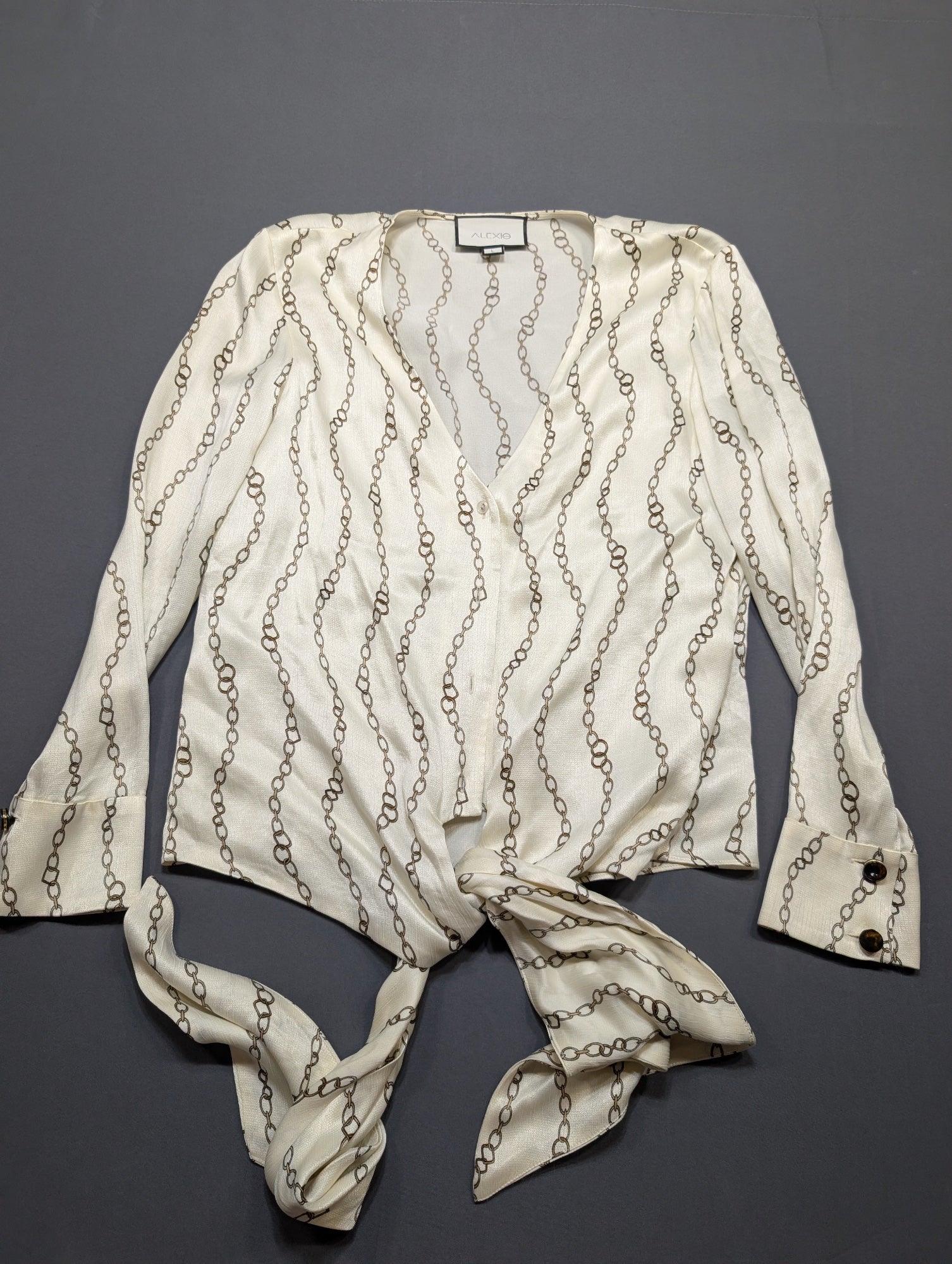 Alexis Chain Print Tie-Front Blouse Long Sleeve V-Neck Top Size L