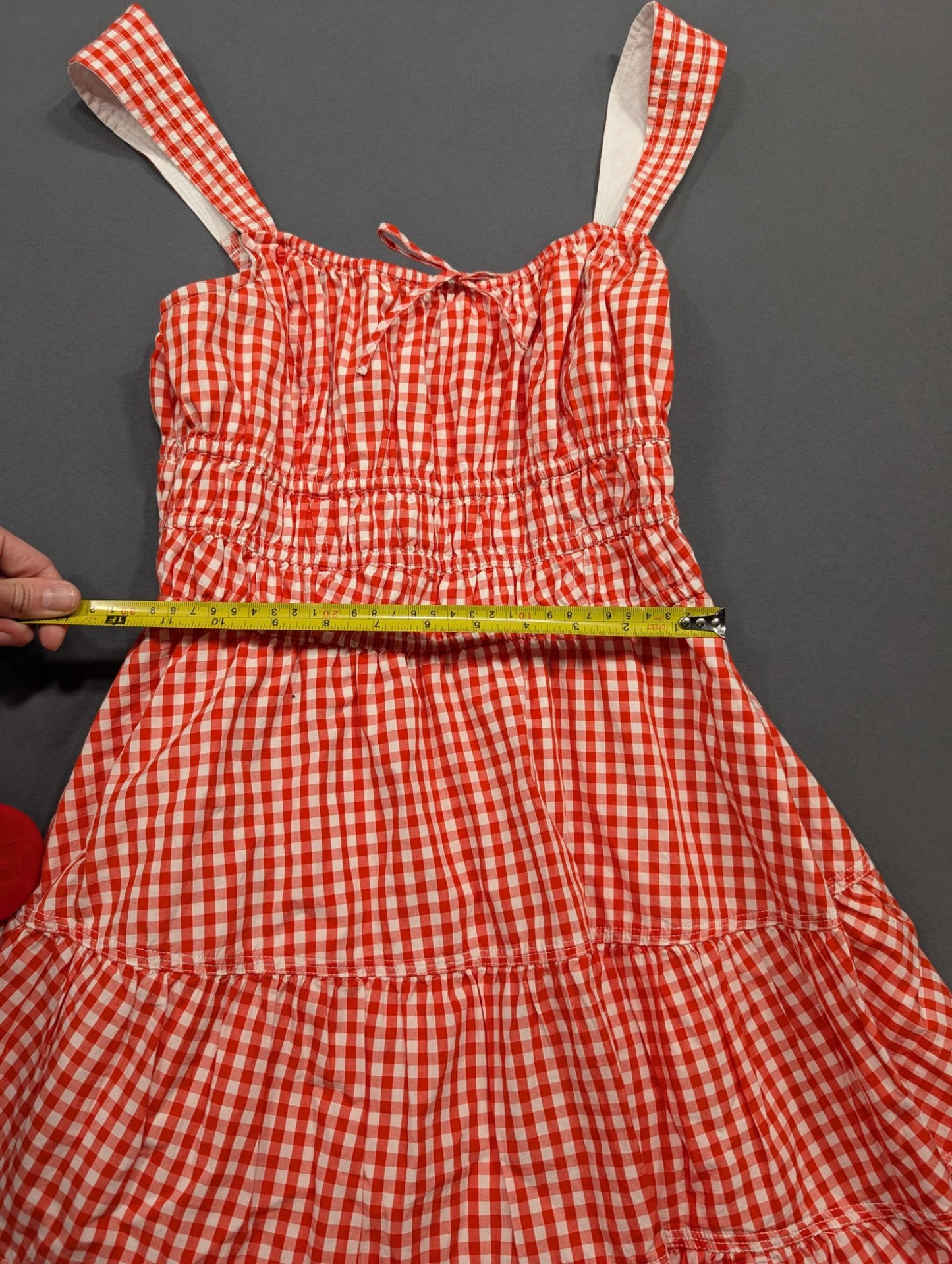 Red White Gingham Tiered Sundress Smocked Bodice Ruffle Midi