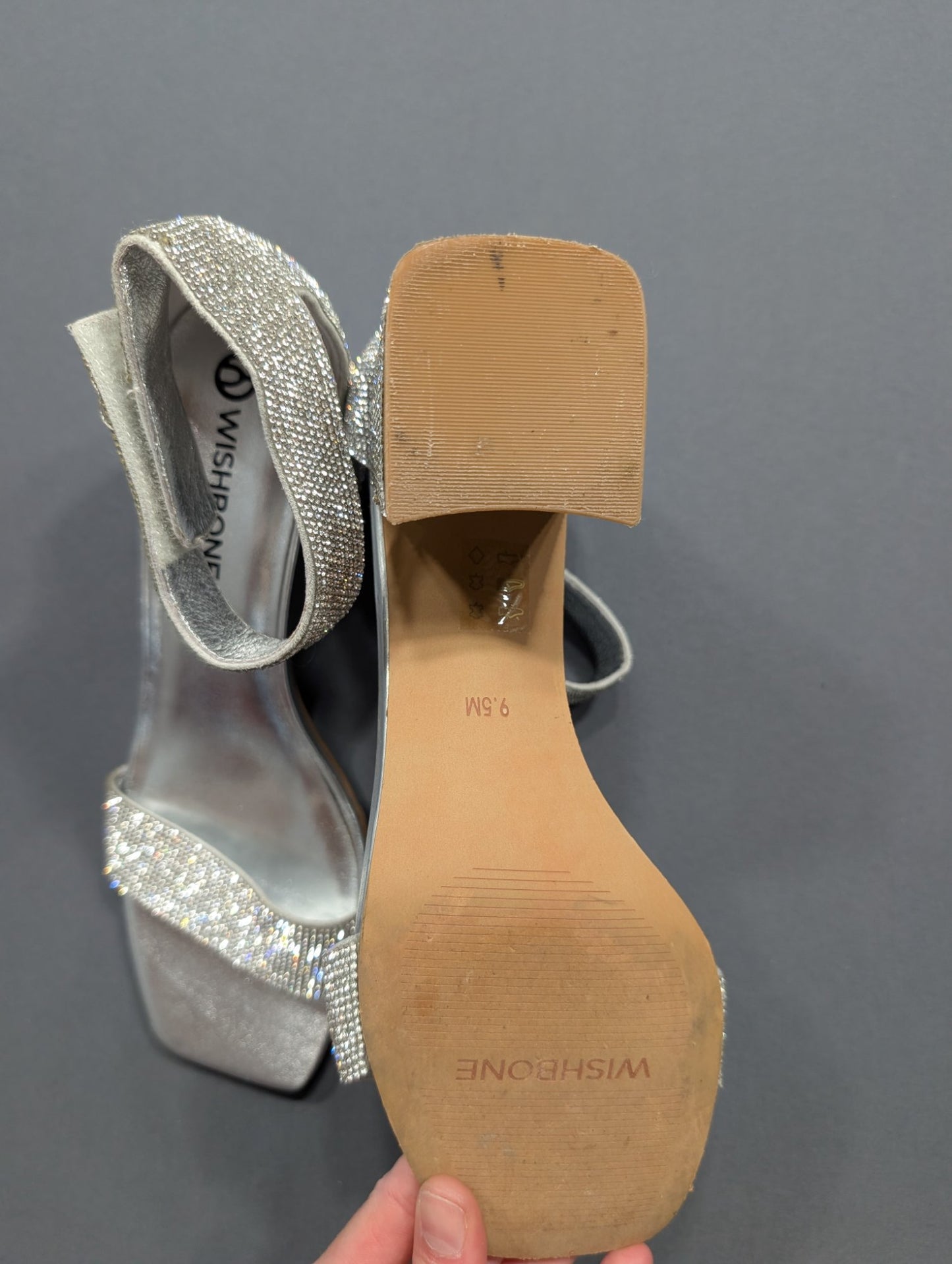 Wishbone Silver Rhinestone Block Heel Sandals Sz 9.5 Ankle Strap