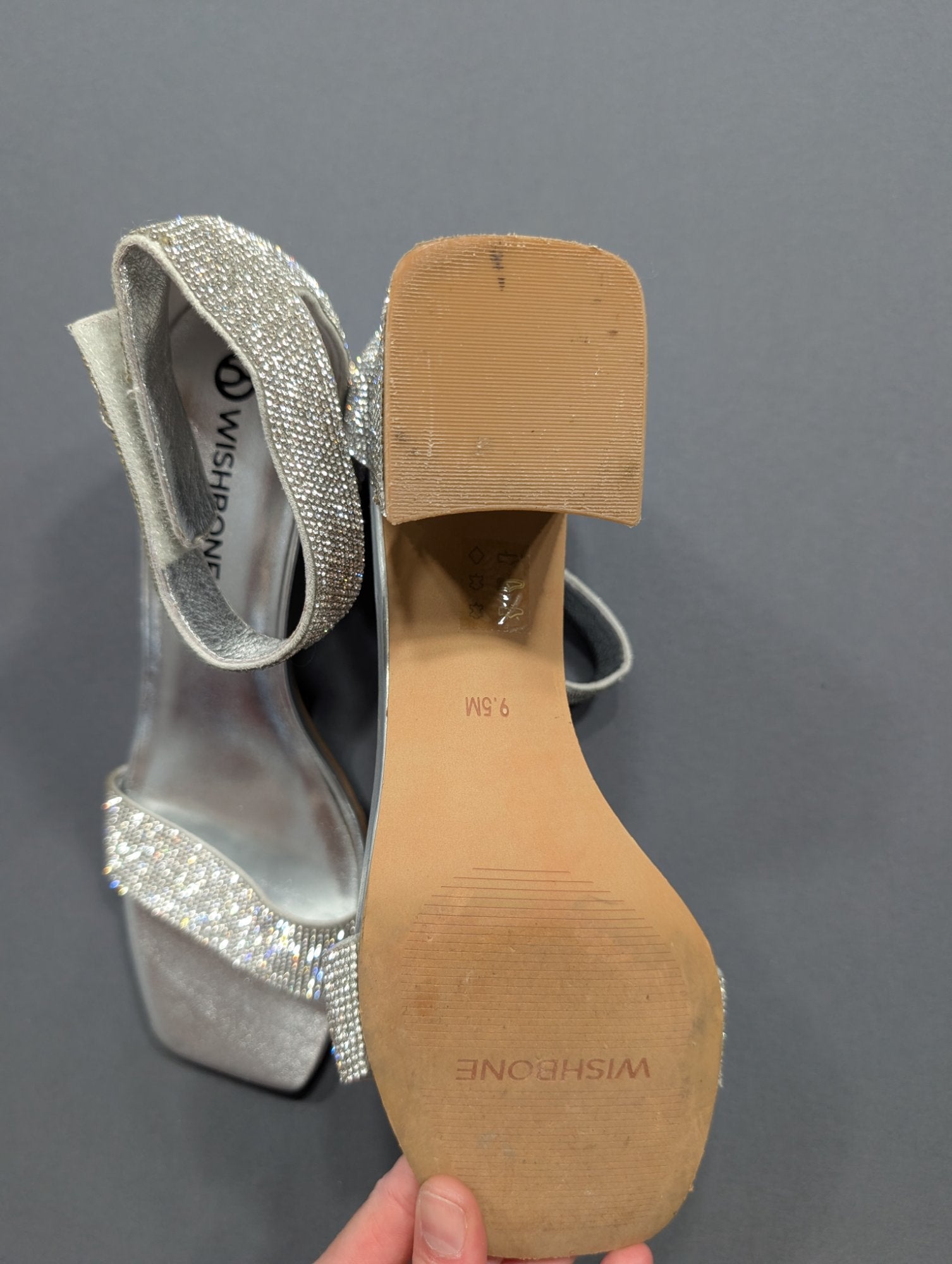 Wishbone Silver Rhinestone Block Heel Sandals Sz 9.5 Ankle Strap
