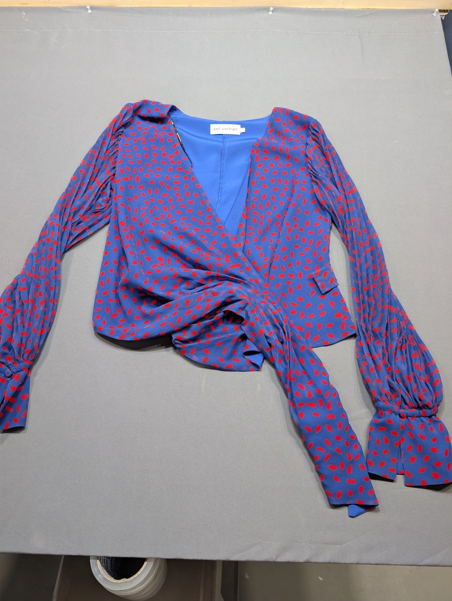 Self-Portrait Blue Red Spot Print Wrap Blouse Top UK12 US8 Long Sleeve