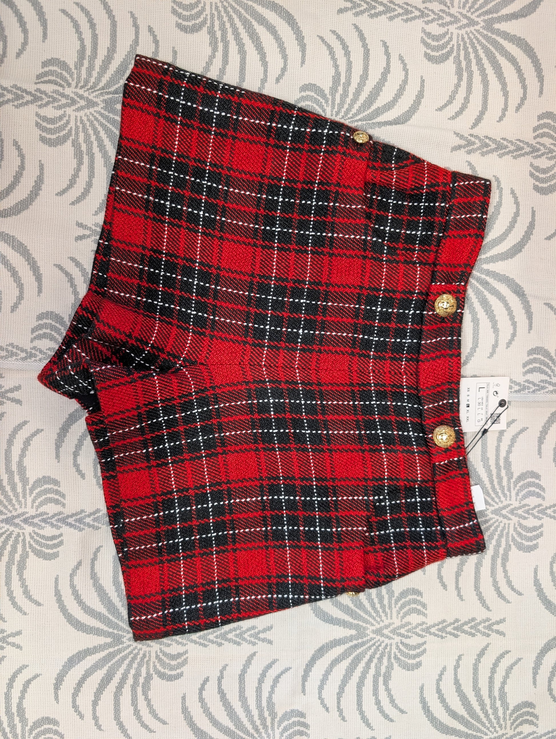 Zara Red Plaid High-Waist Shorts, Size L, With Tags