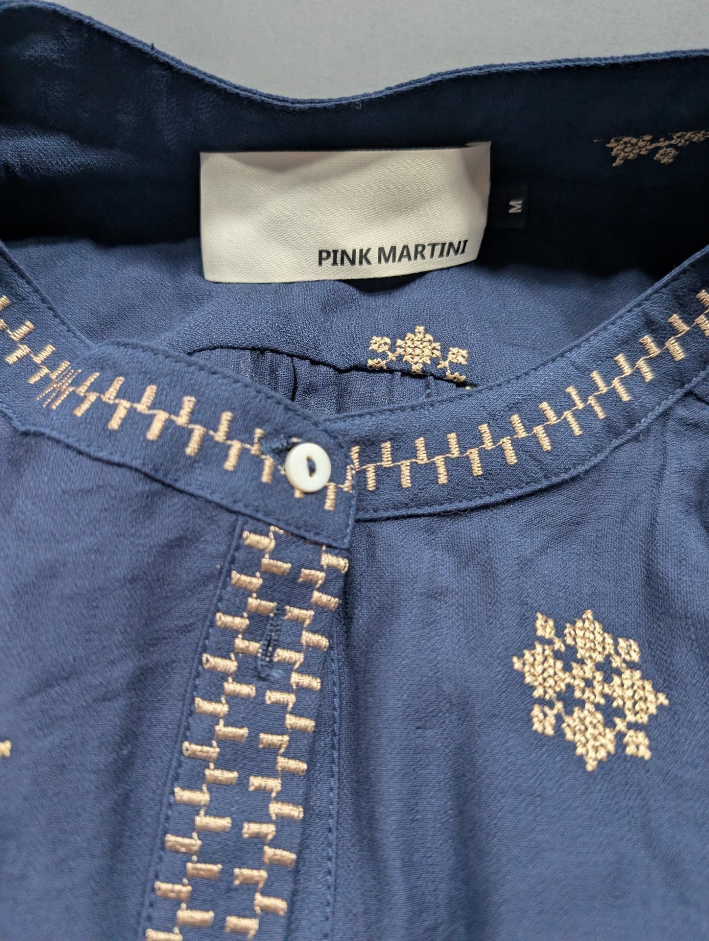 Pink Martini Navy Blue Embroidered Boho Blouse Top M Gold