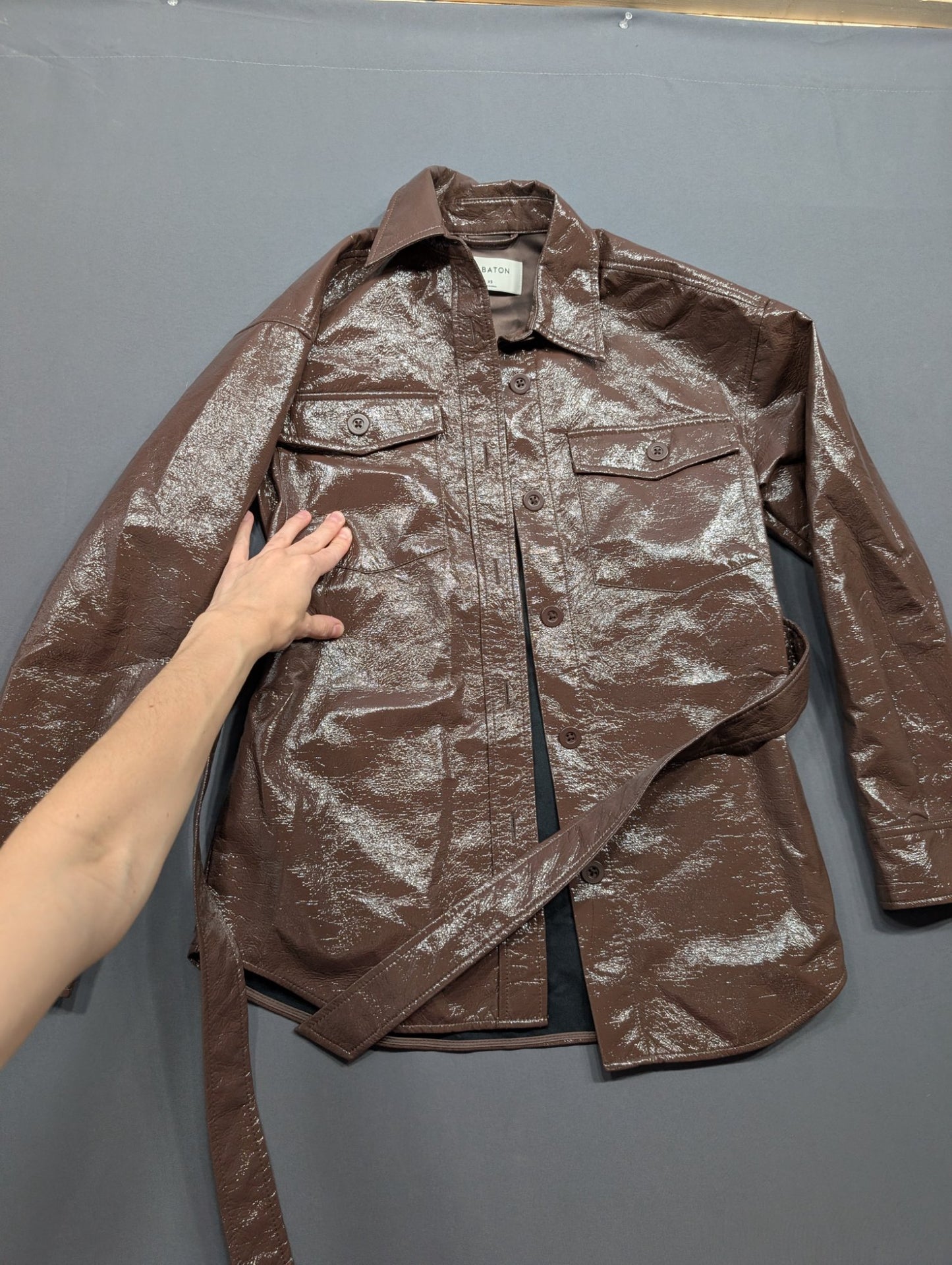Babaton XS Brown Patent Faux Leather Belted Shirt Jacket Shacket