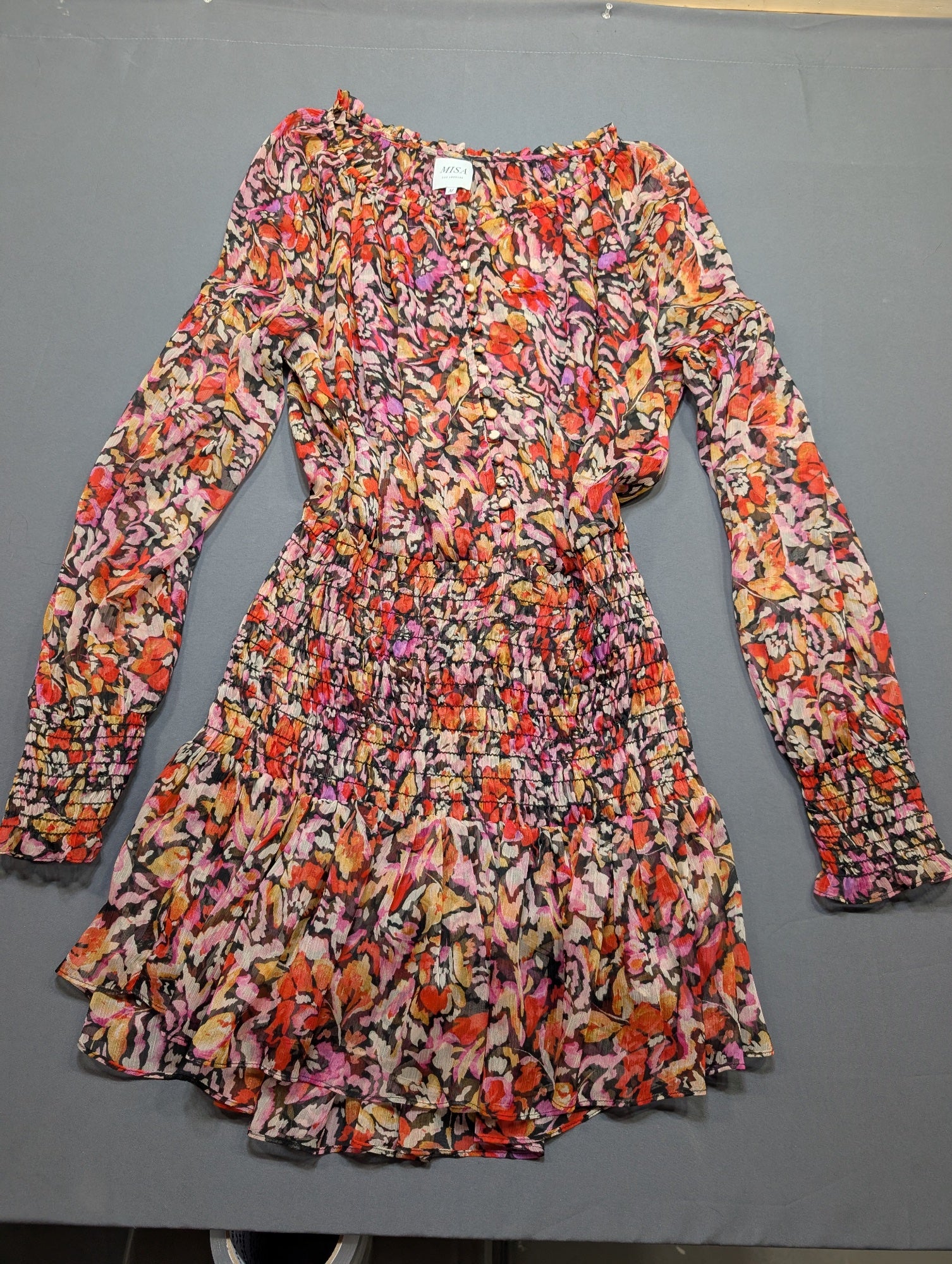 MISA Los Angeles Floral Smocked Mini Dress Long Sleeve Size M