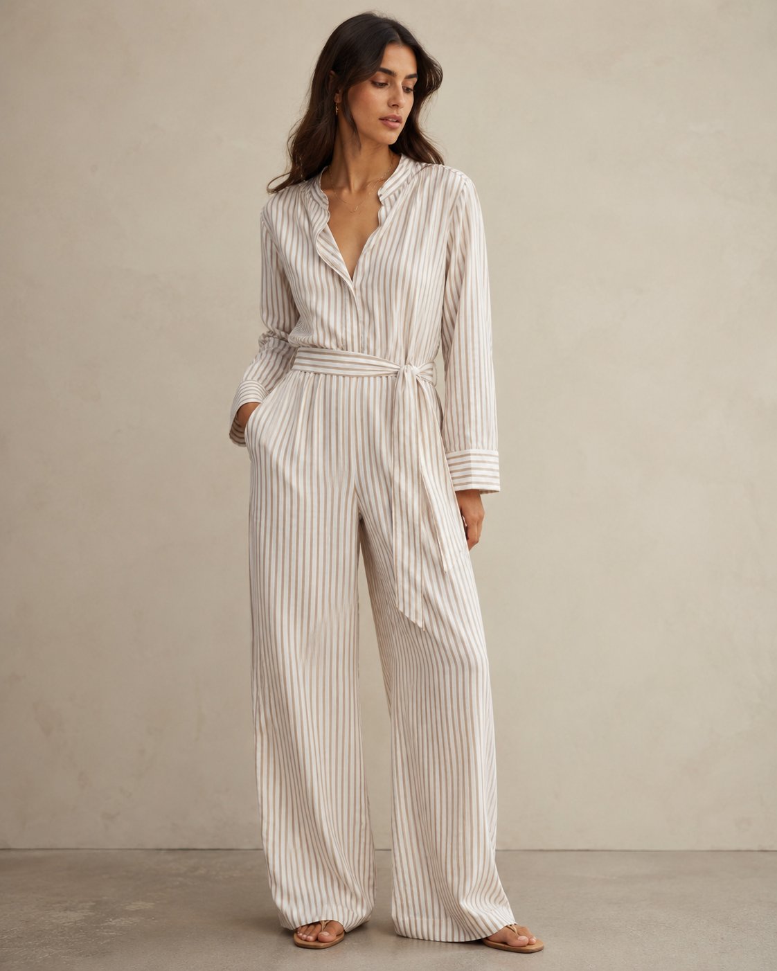 Club Monaco Long Sleeve Pant Jumpsuit Sz 2 Khaki Stripe NWT
