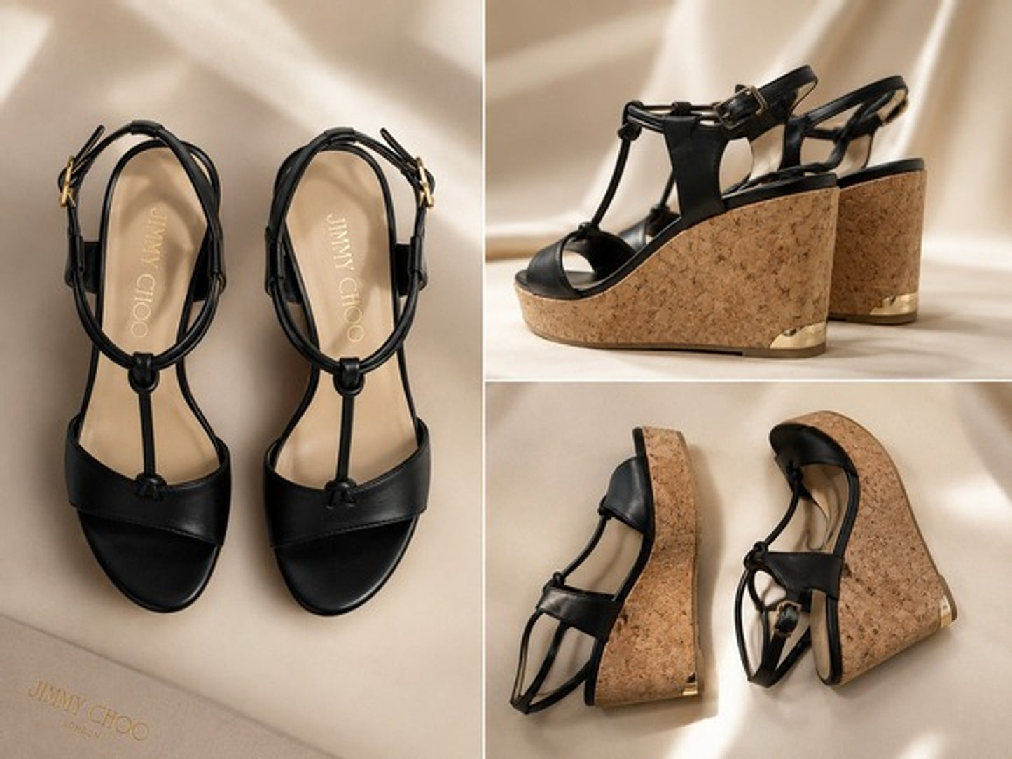 Jimmy Choo Black Leather Wedge Sandals - Size 37.5