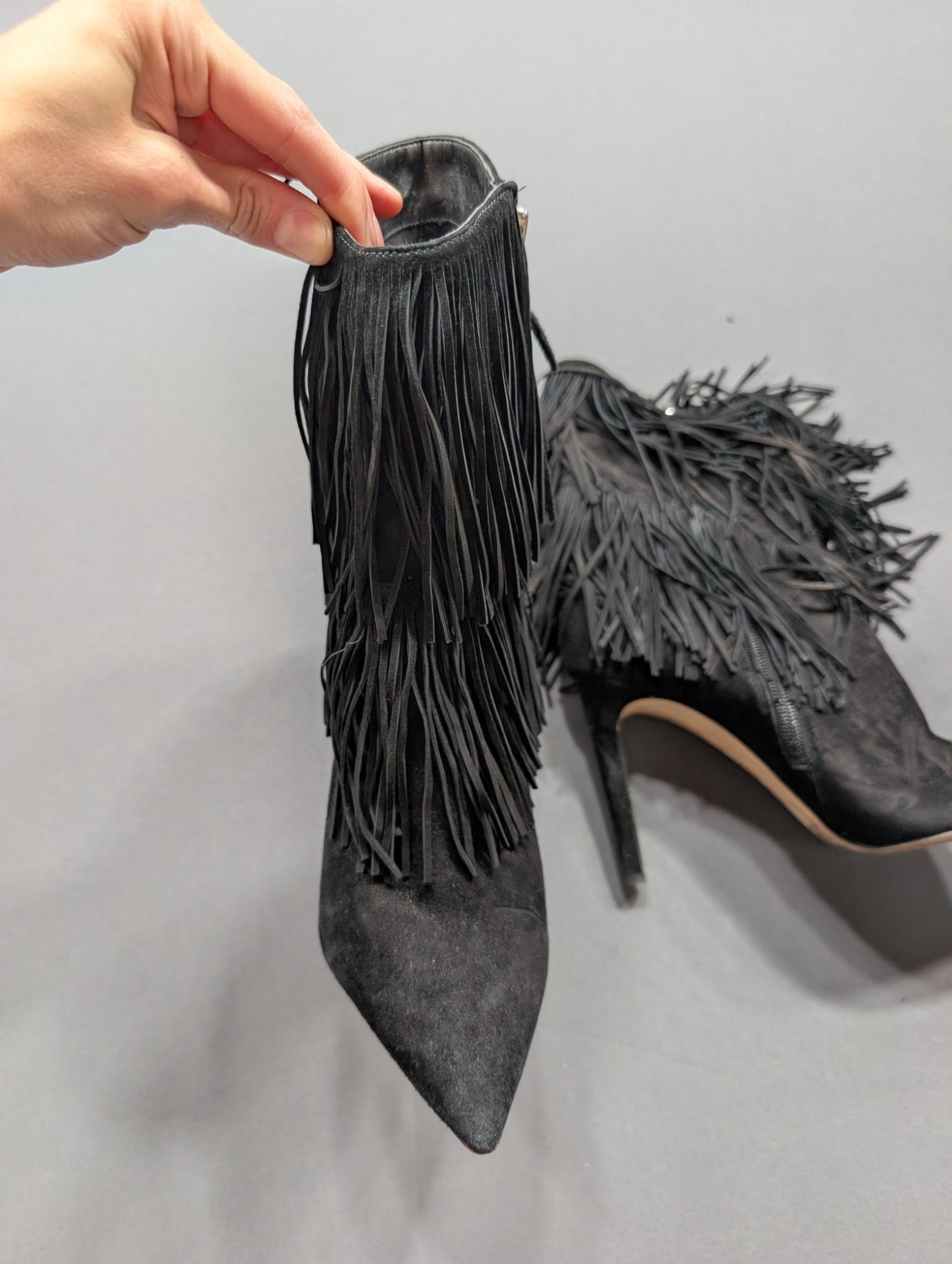 Sam Edelman Black Suede Fringe Stiletto Ankle Boot Size 8.5