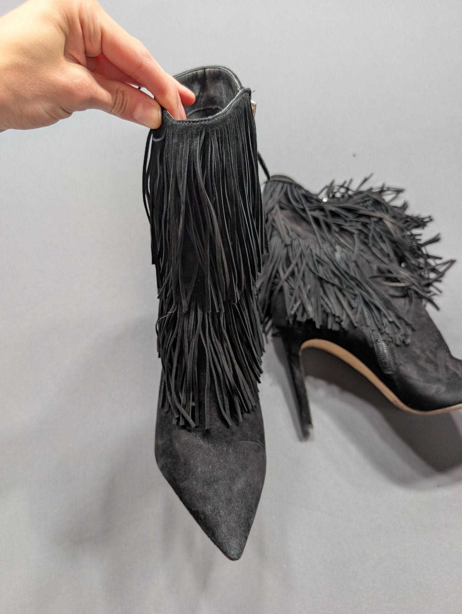 Sam Edelman Black Suede Fringe Stiletto Ankle Boot Size 8.5