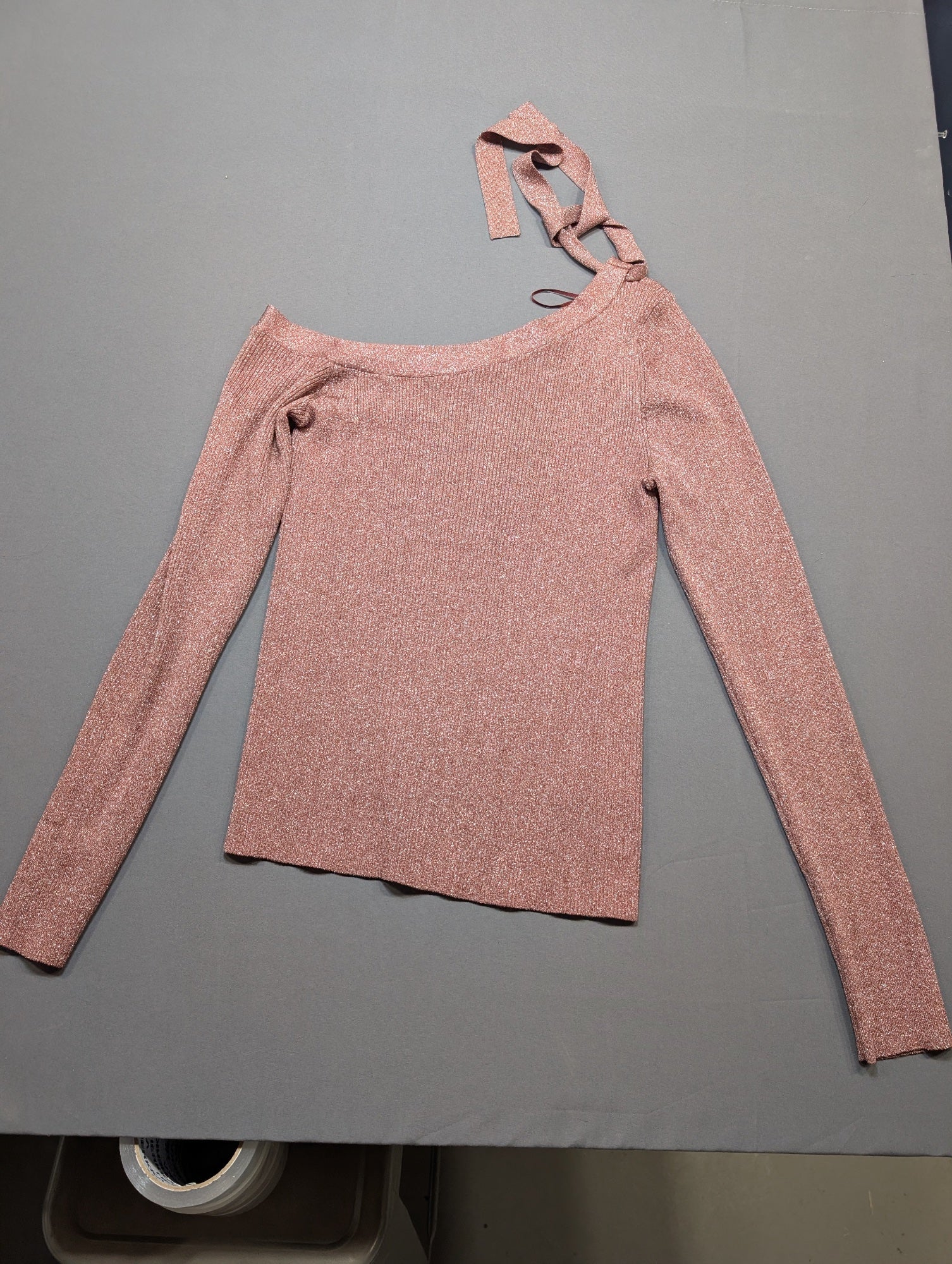 Intermix Pink Metallic Ribbed Knit Off-Shoulder Tie Top Sweater Sz M