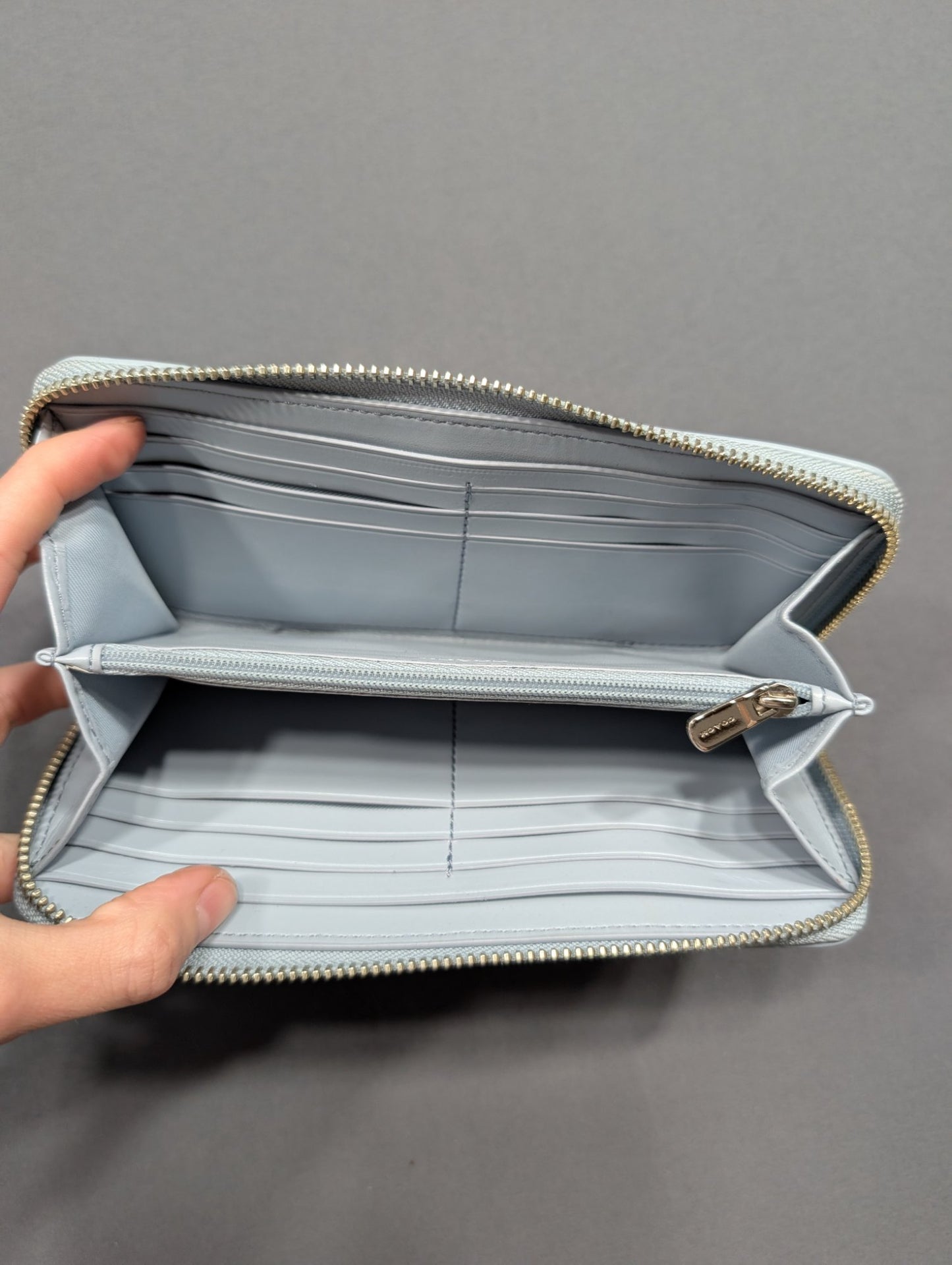 Coach Accordion Zip Wallet Signature Canvas Light Blue Silver