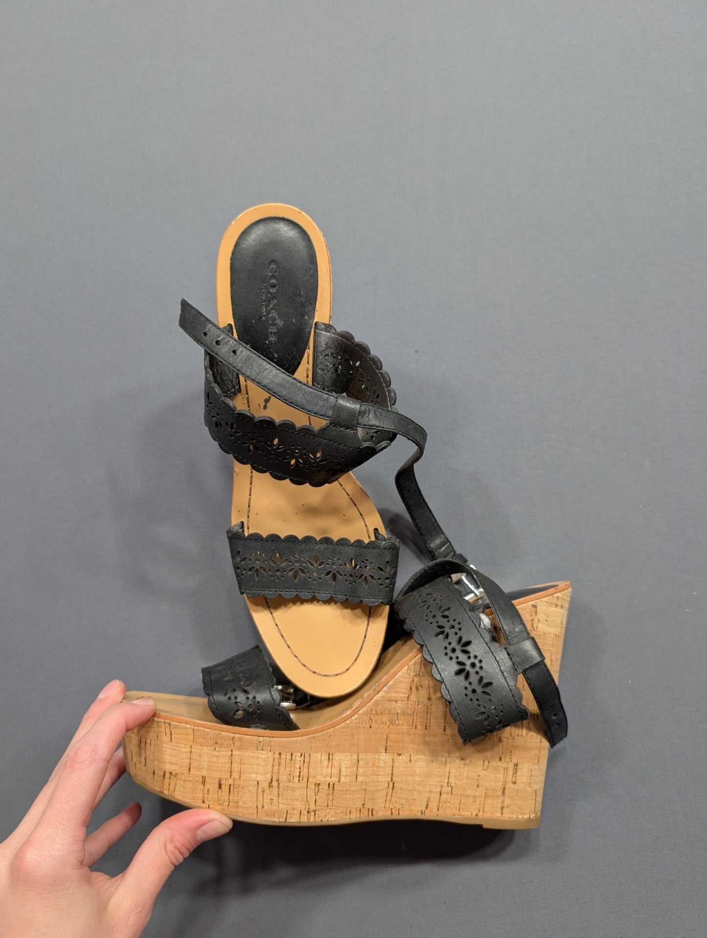Coach Black Leather Cork Wedge Sandals Size 9.5B Laser Cut