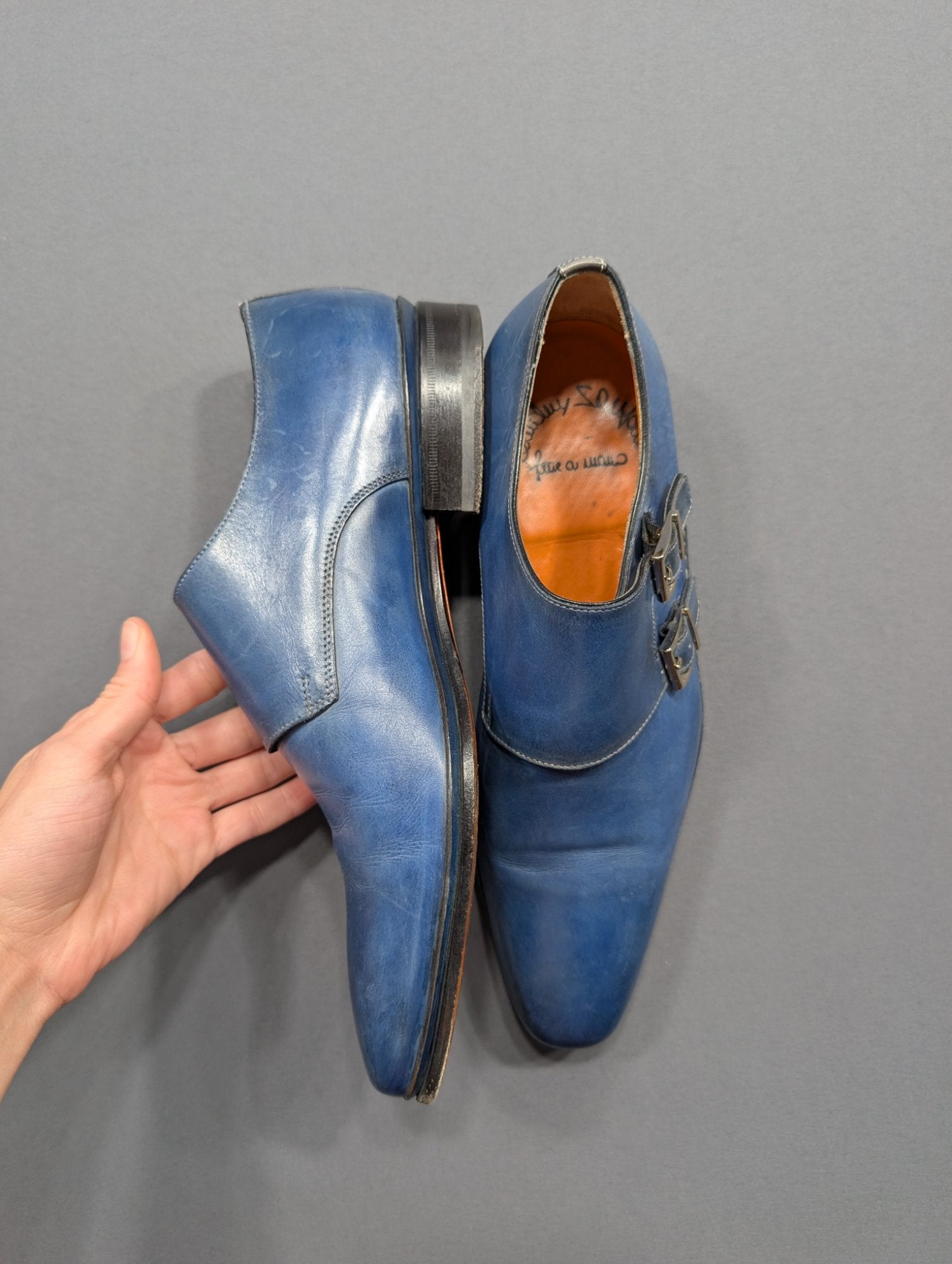 Santoni Blue Leather Double Monk Strap Dress Shoes Men