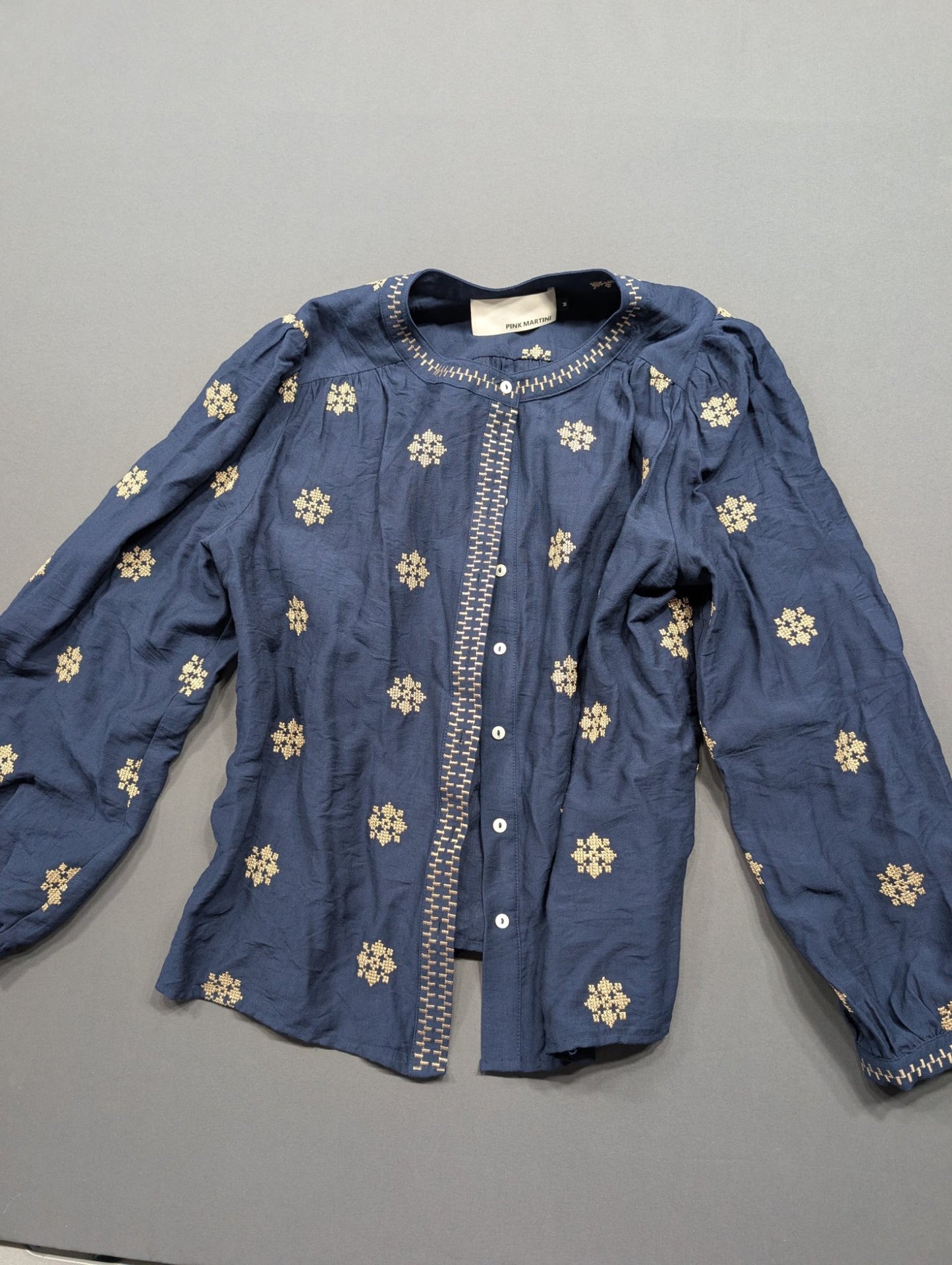 Pink Martini Navy Blue Embroidered Boho Blouse Top M Gold