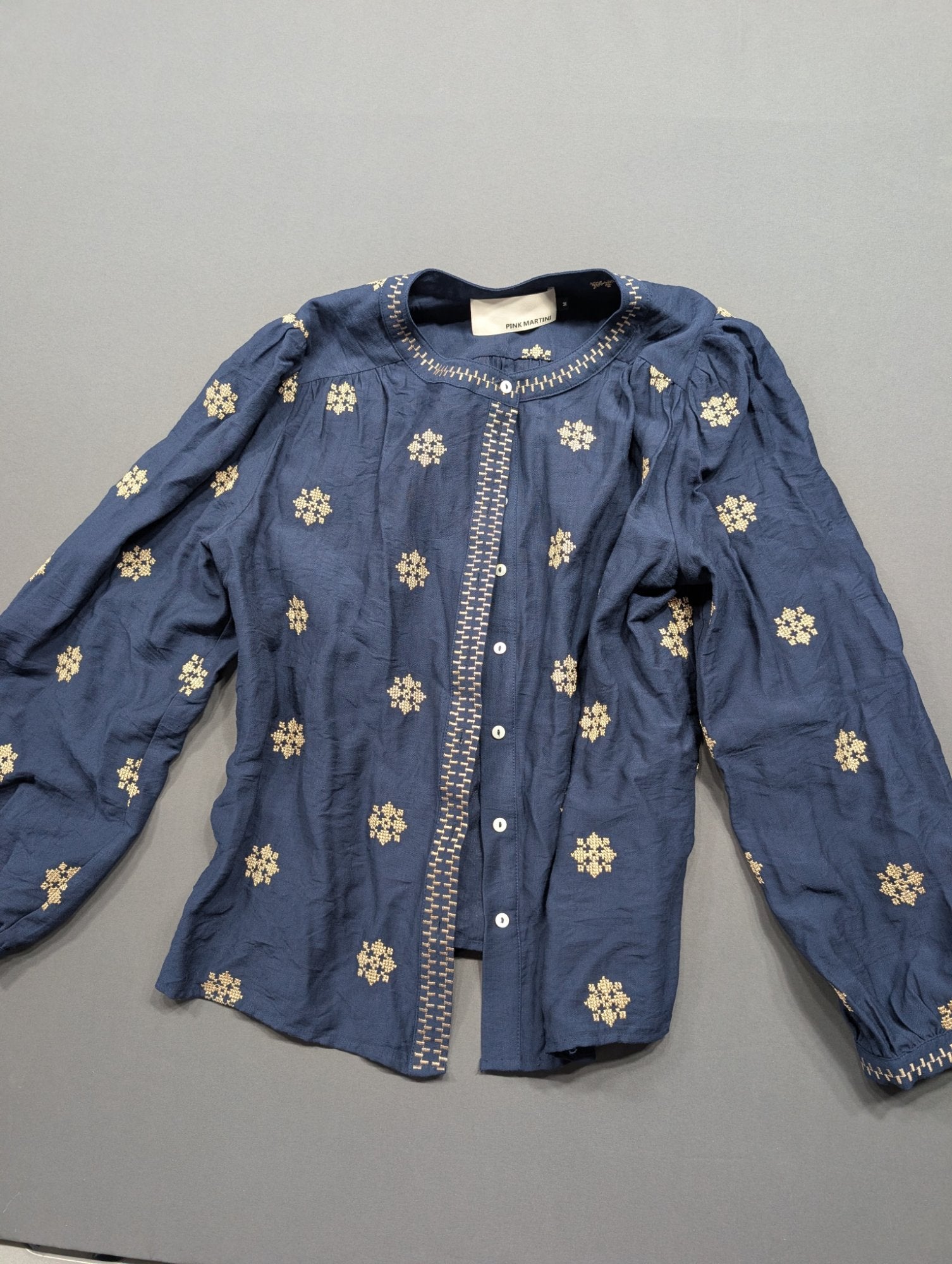 Pink Martini Navy Blue Embroidered Boho Blouse Top M Gold