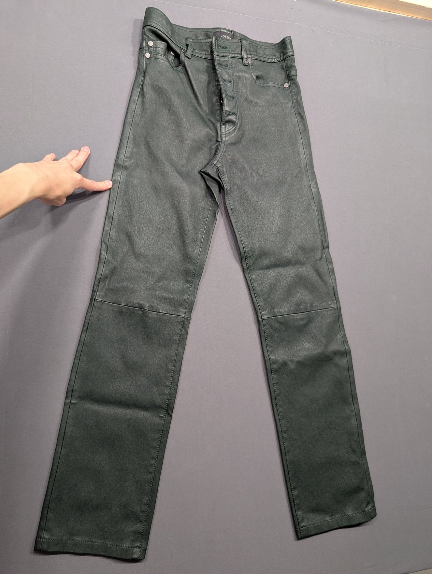 Joseph London Lambskin Leather Pants Green Slim 5-Pocket Size 34