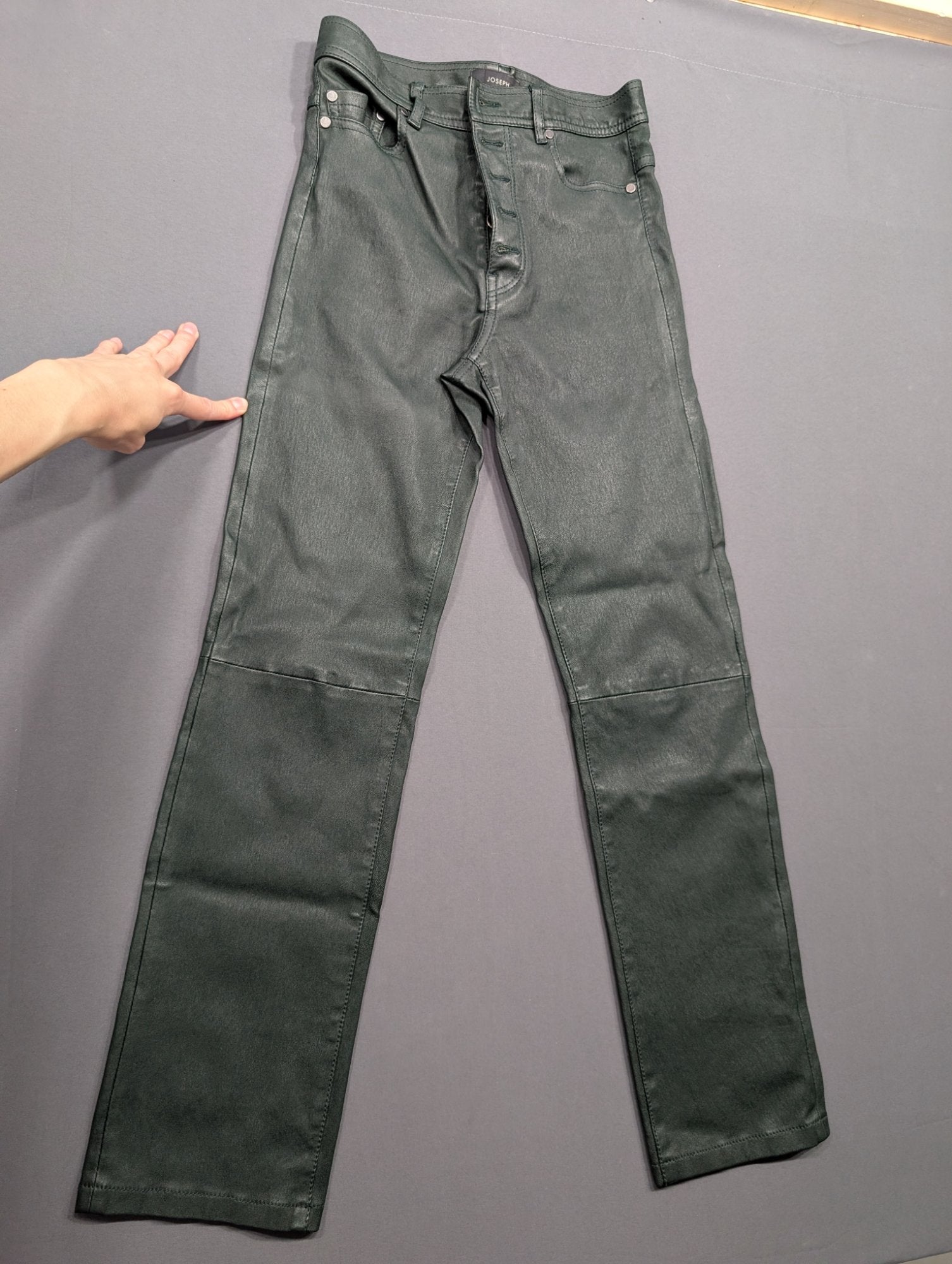 Joseph London Lambskin Leather Pants Green Slim 5-Pocket Size 34