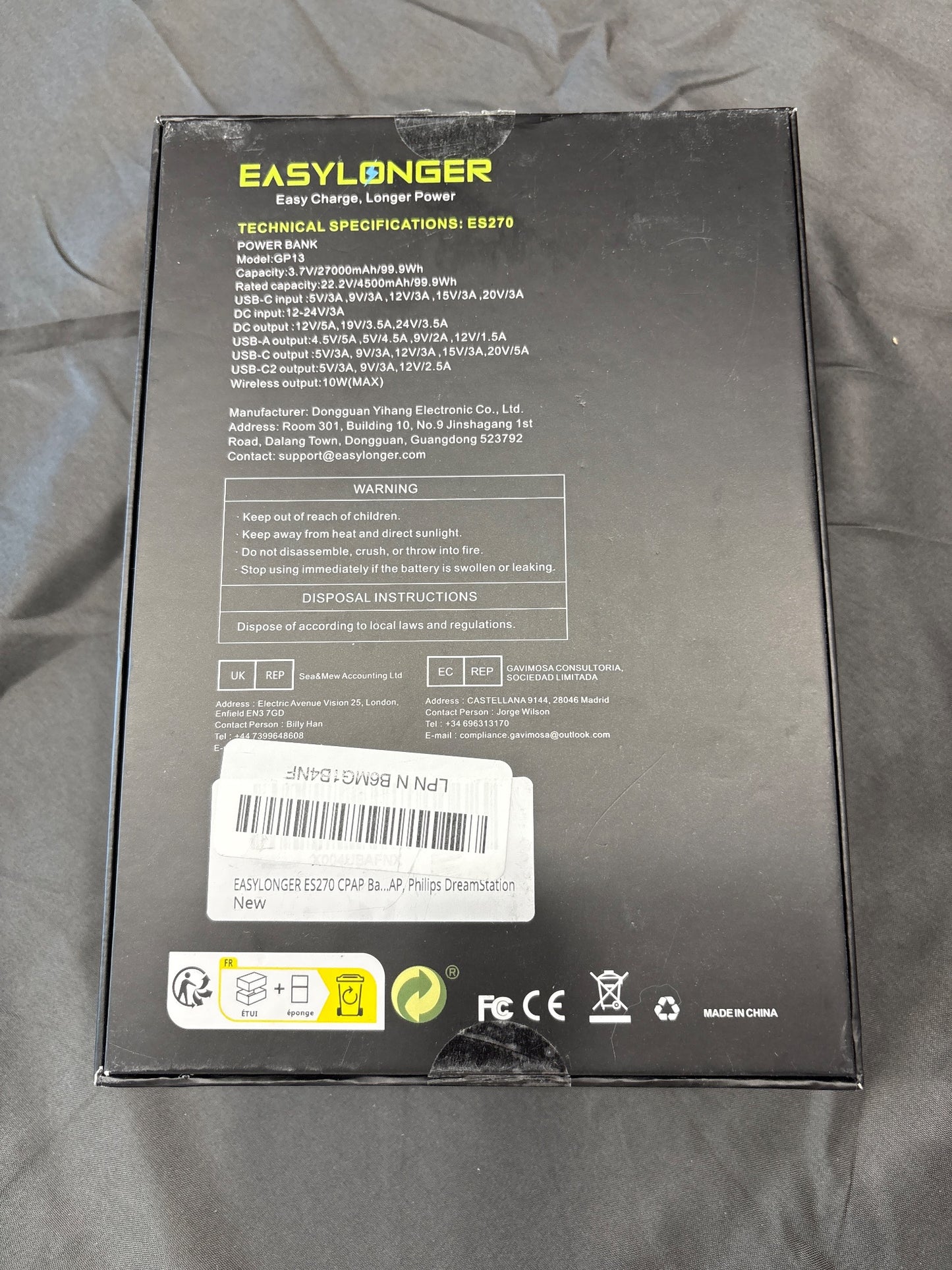 EasyLonger ES270 CPAP Travel Battery 27000mAh 99.9Wh Open Box