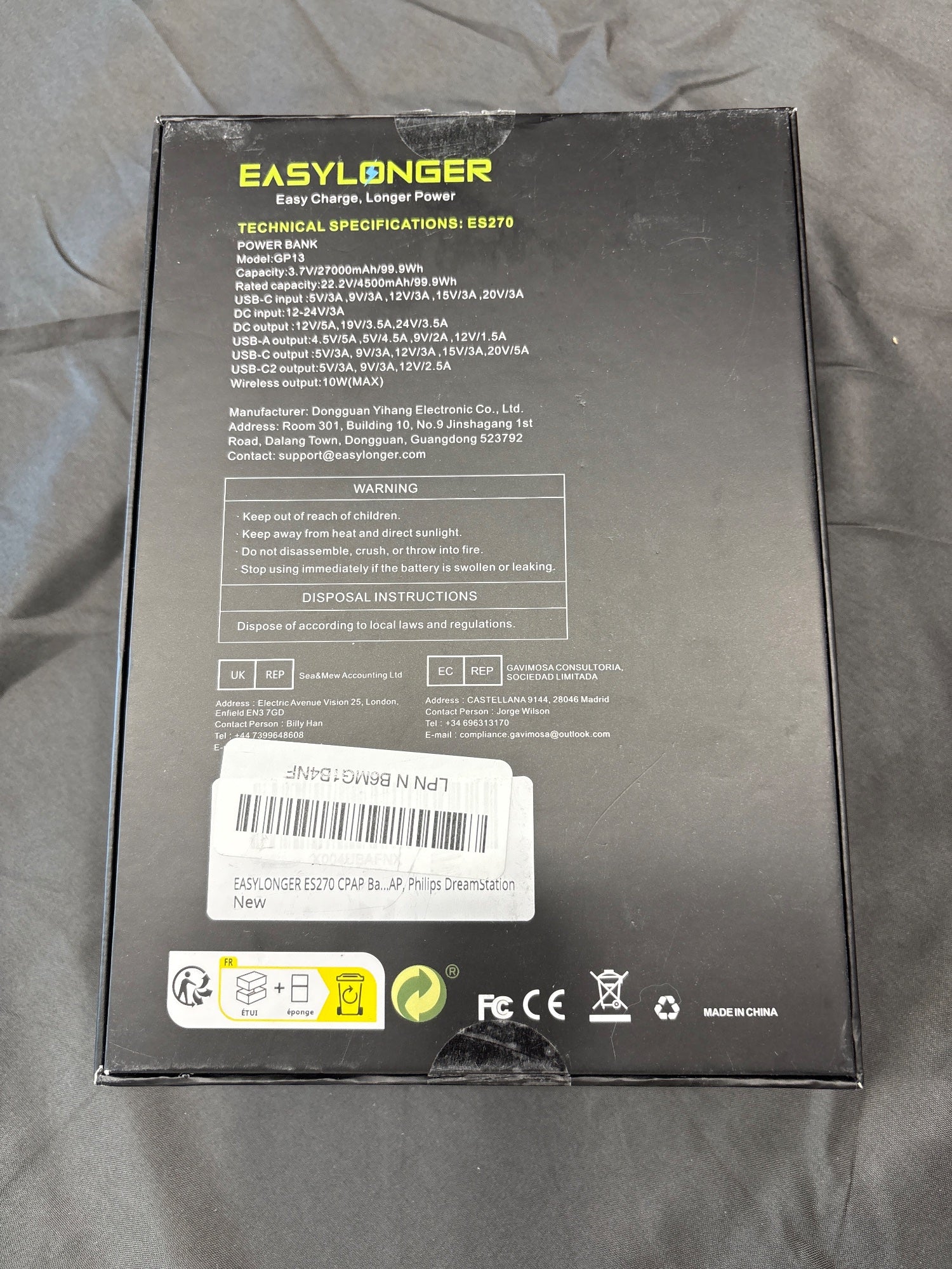 EasyLonger ES270 CPAP Travel Battery 27000mAh 99.9Wh Open Box
