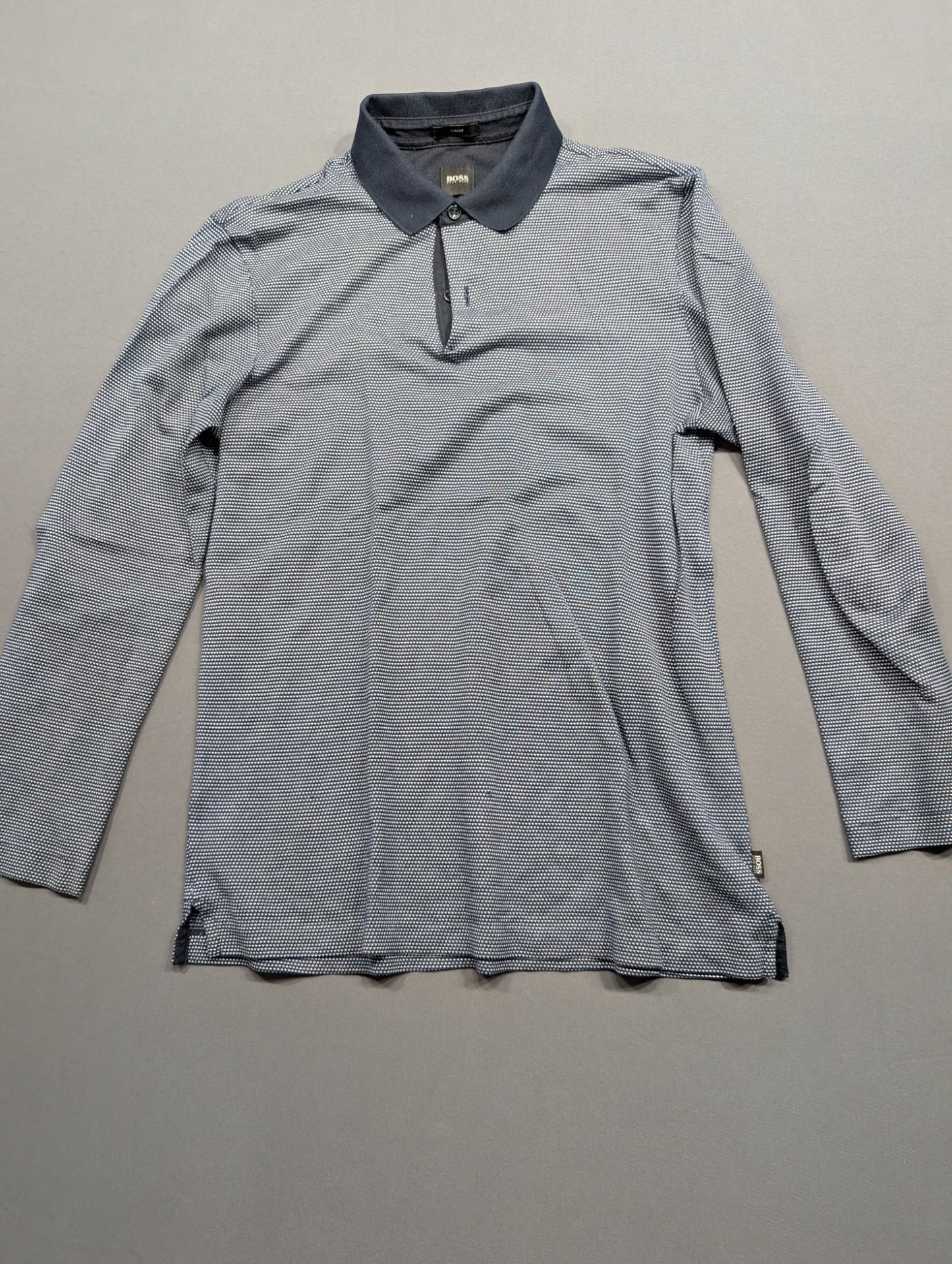 Hugo Boss Slim Fit Long Sleeve Polo Shirt Navy Blue Textured