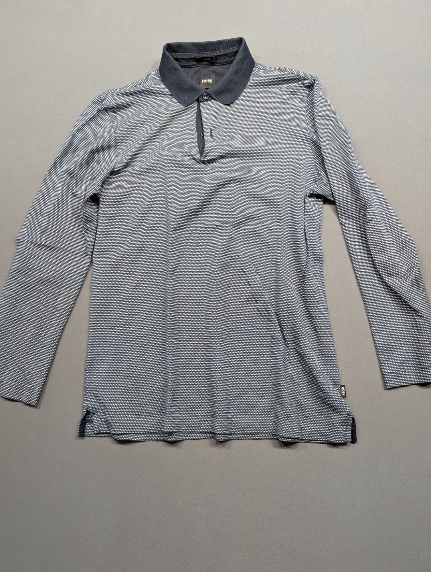 Hugo Boss Slim Fit Long Sleeve Polo Shirt Navy Blue Textured