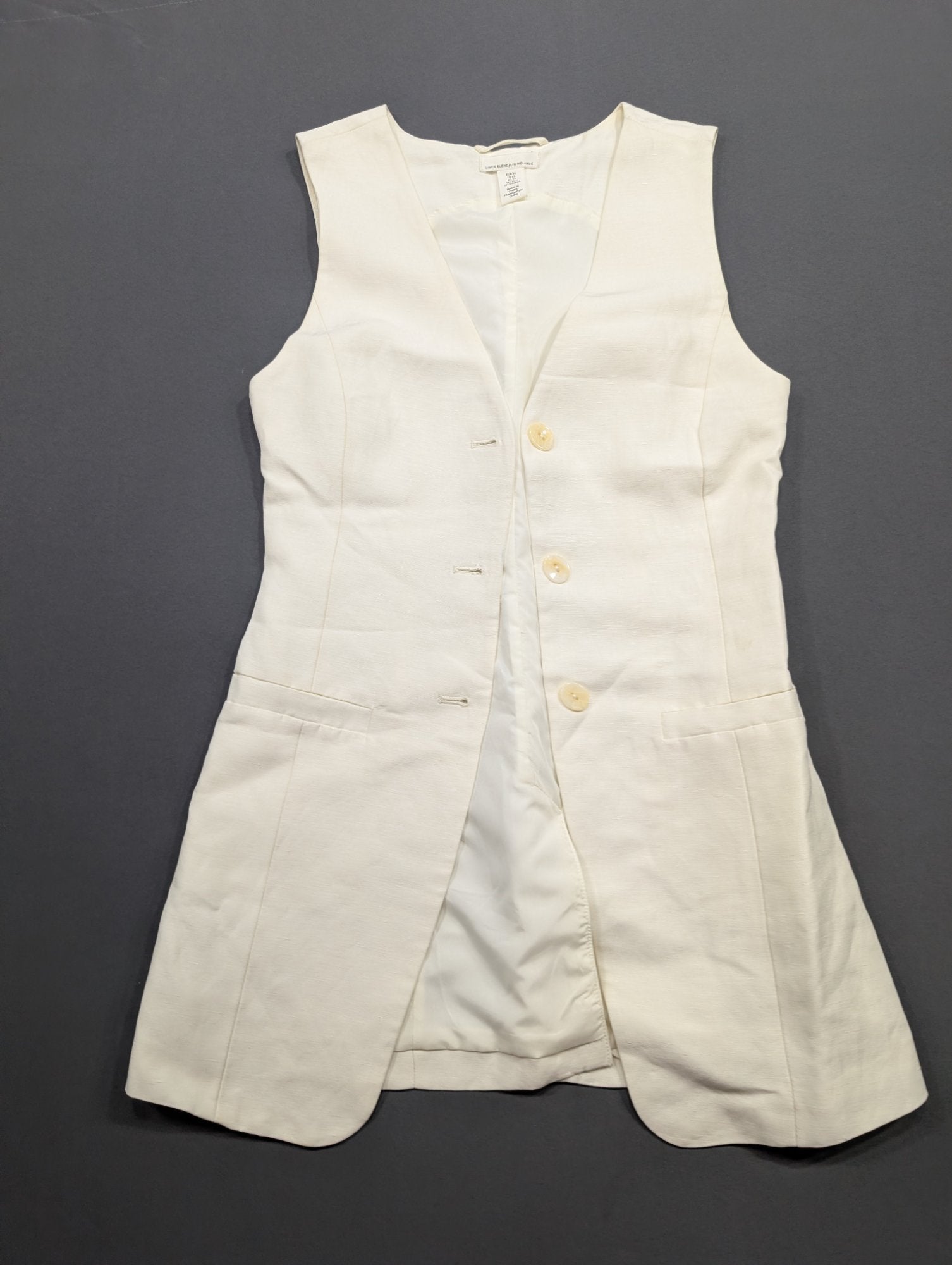 H&M Linen Blend Long Vest Women's XS White Button-Front Sleeveless