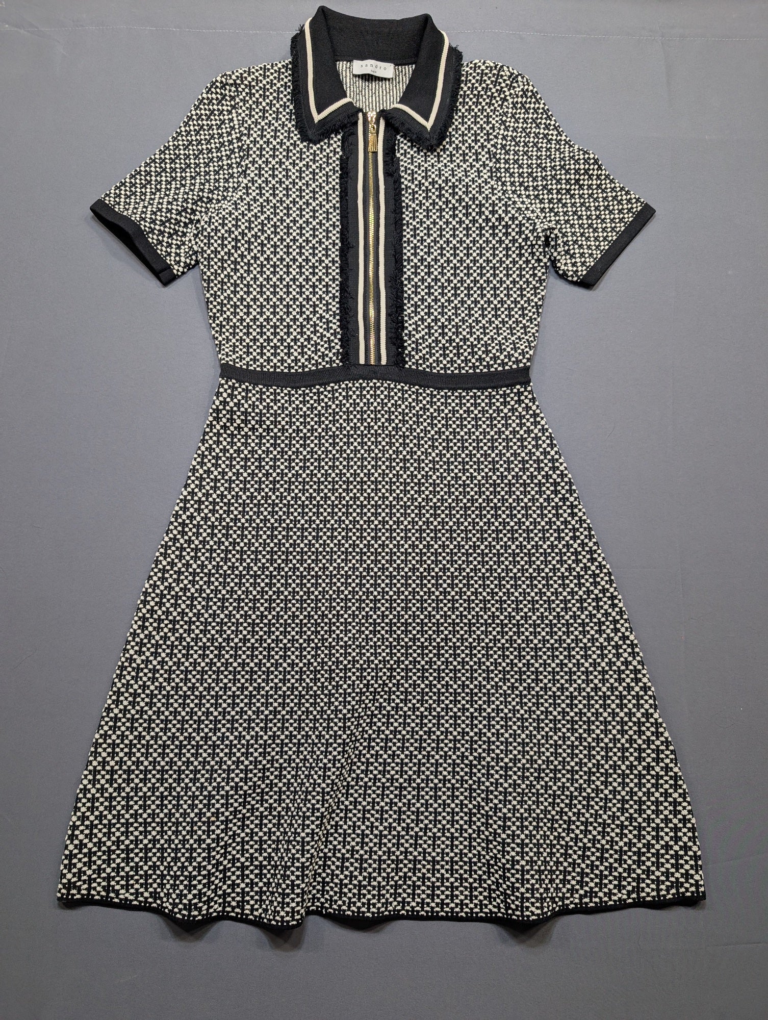 Sandro Paris Knit Zip-Front Dress Black White Tweed S