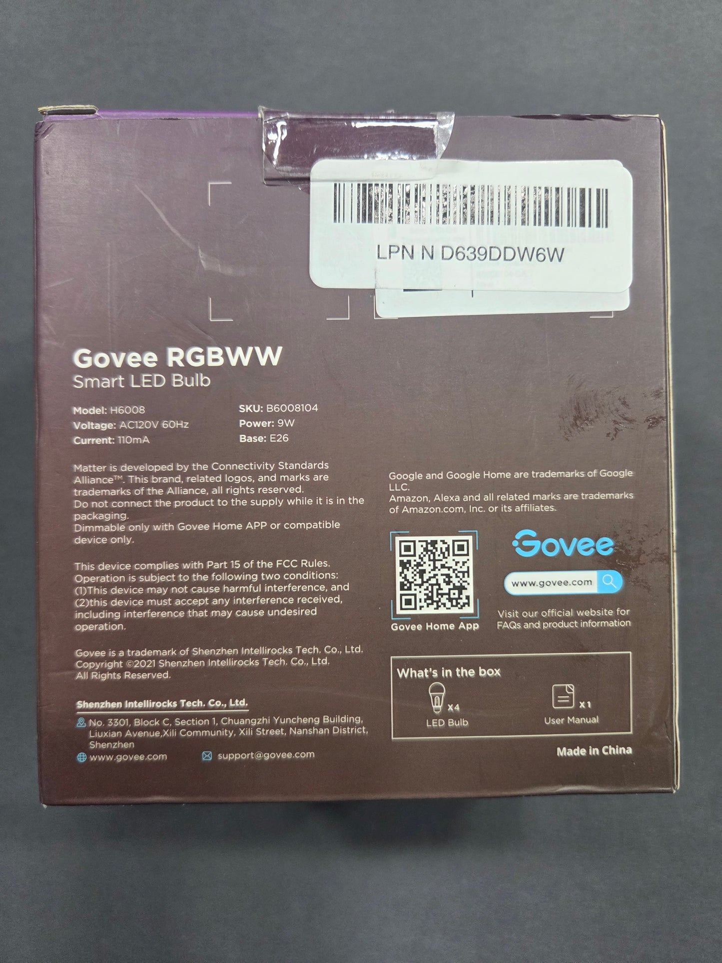 Govee RGBWW Smart LED Bulb 4-Pack 800lm Matter Alexa H6008
