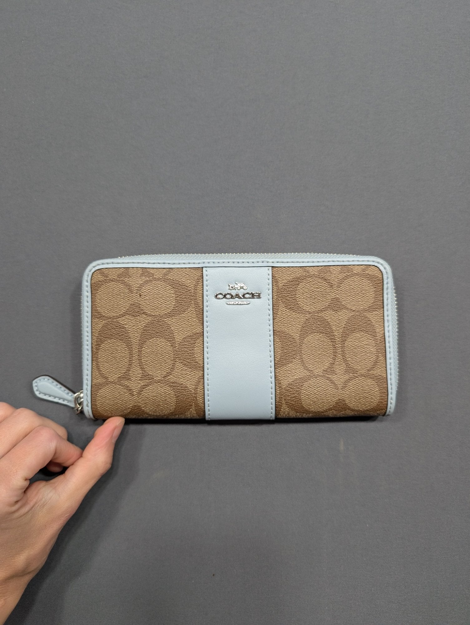 Coach Accordion Zip Wallet Signature Canvas Light Blue Silver