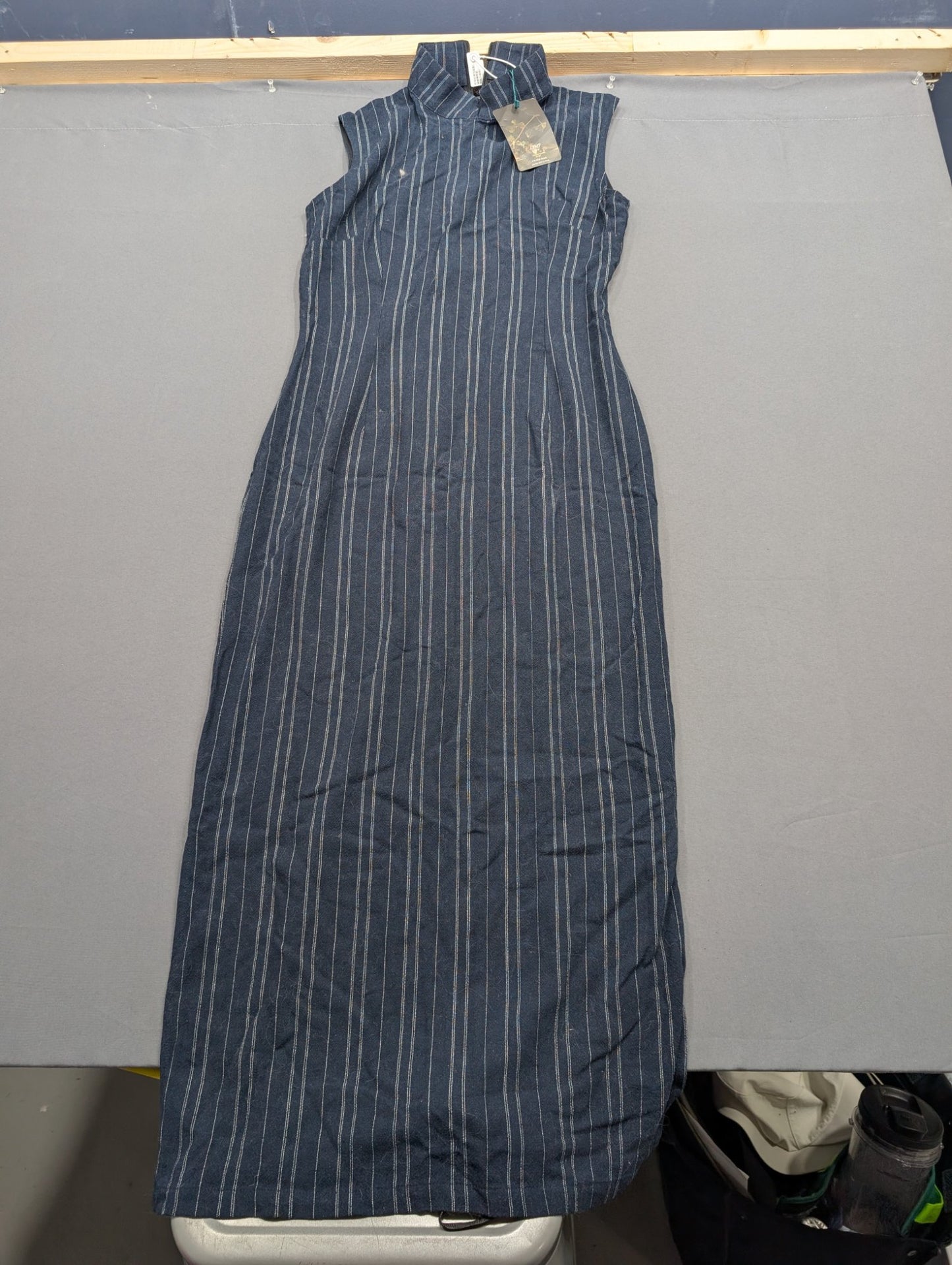 LIMP Online Navy Pinstripe Qipao Maxi Dress Size L NWT
