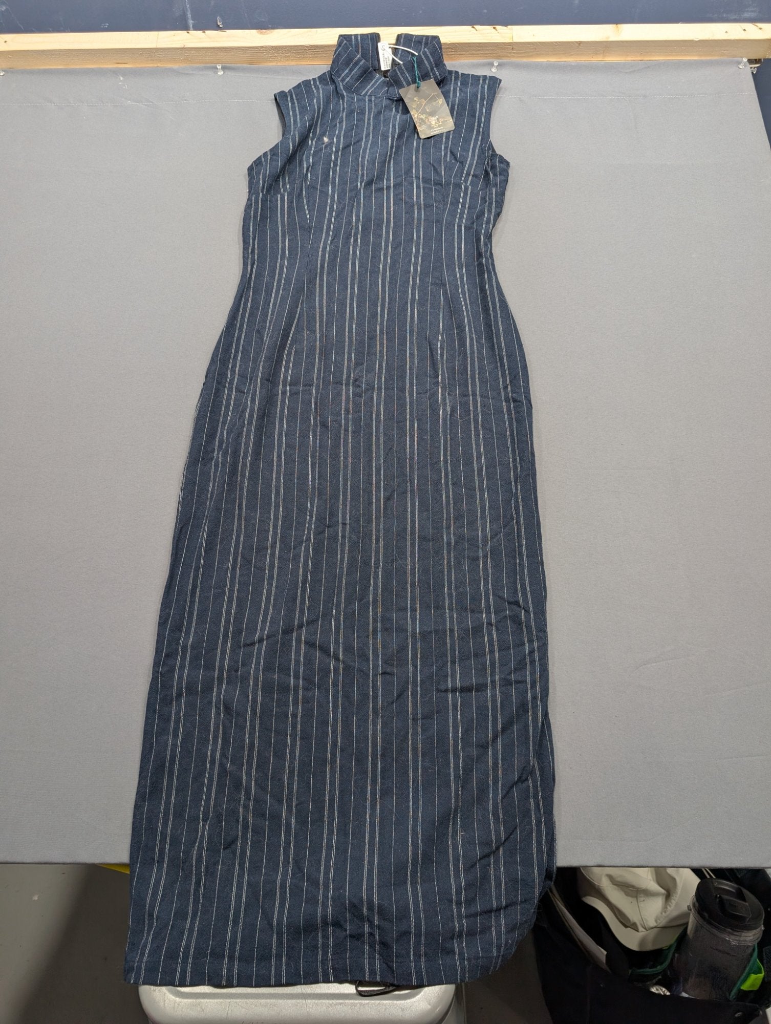 LIMP Online Navy Pinstripe Qipao Maxi Dress Size L NWT