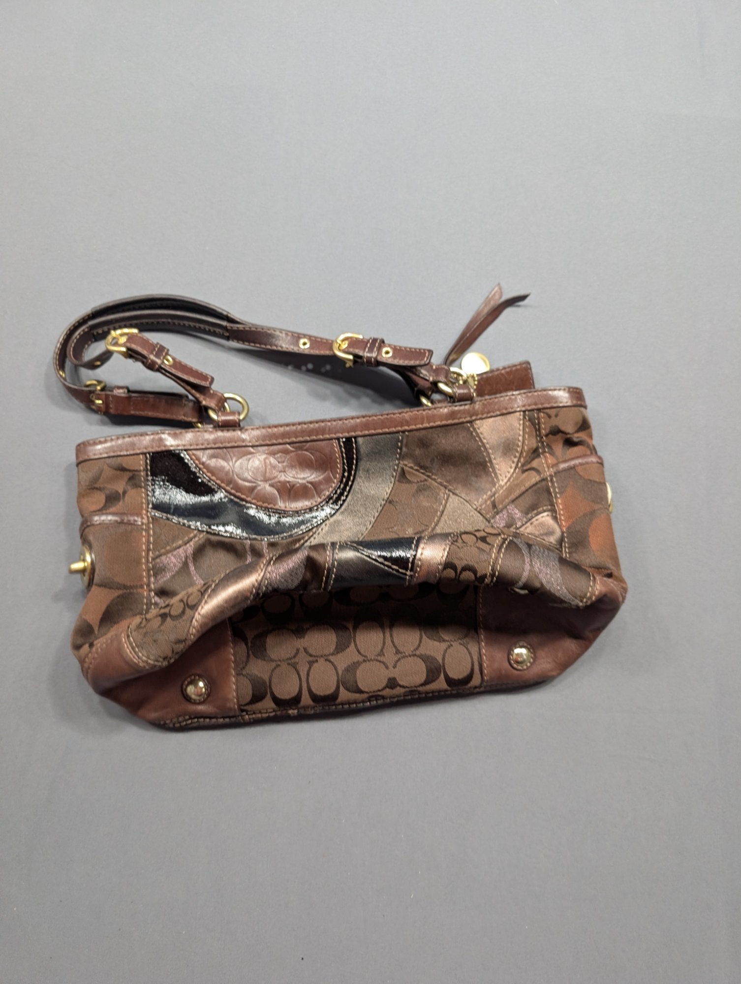 Coach Signature Patchwork Tote Bag Brown Metallic Leather Handbag