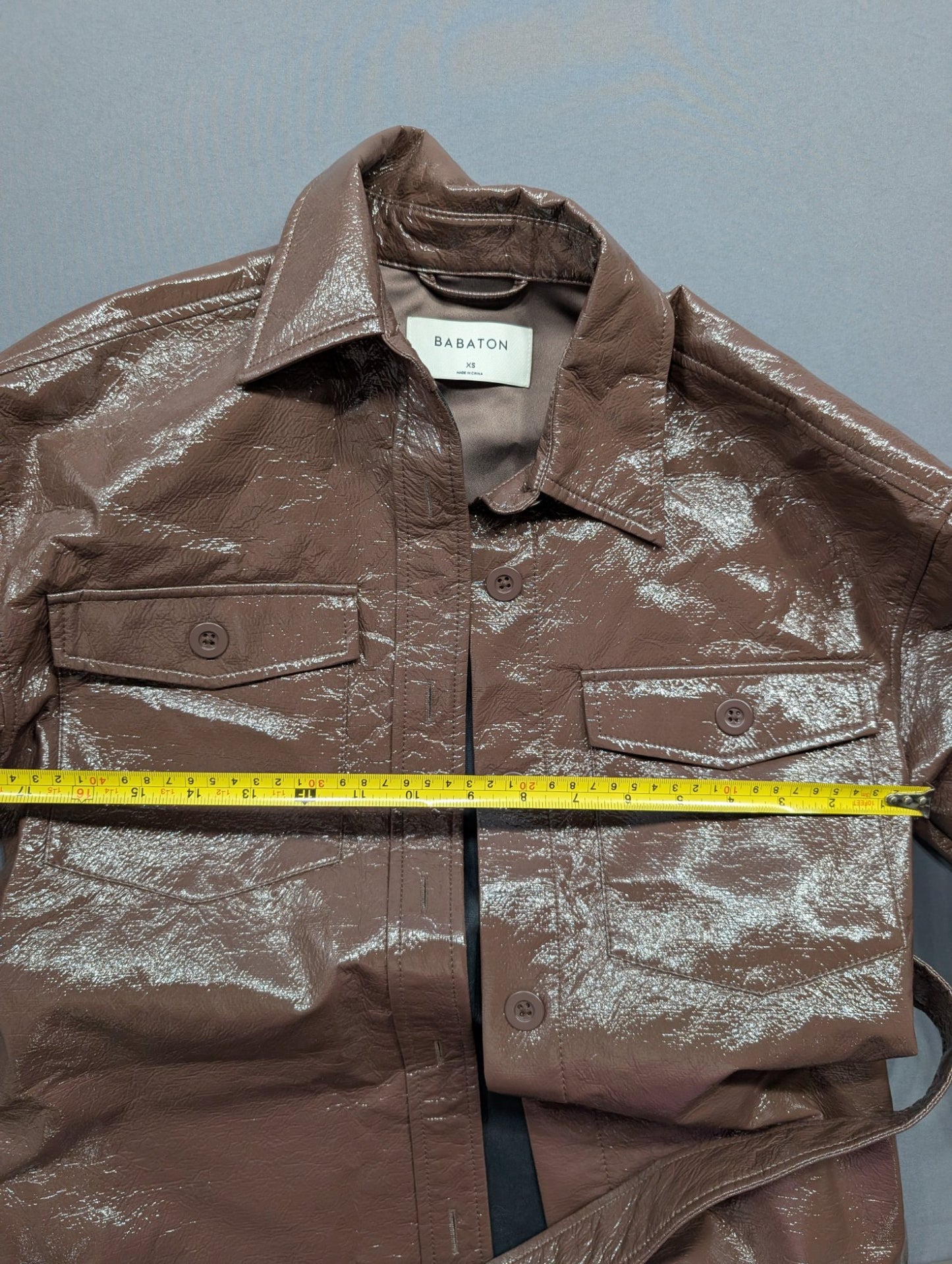 Babaton XS Brown Patent Faux Leather Belted Shirt Jacket Shacket