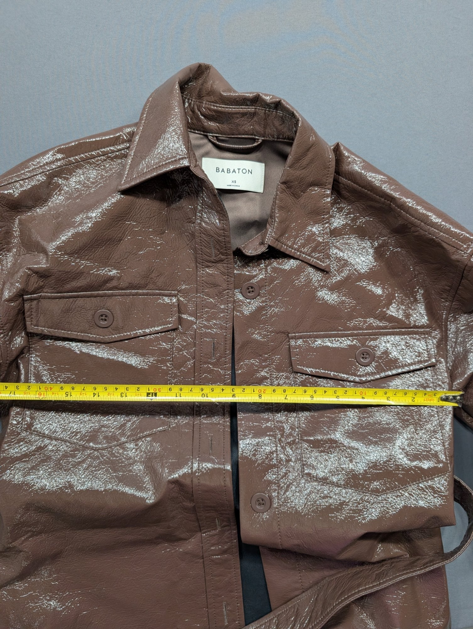 Babaton XS Brown Patent Faux Leather Belted Shirt Jacket Shacket