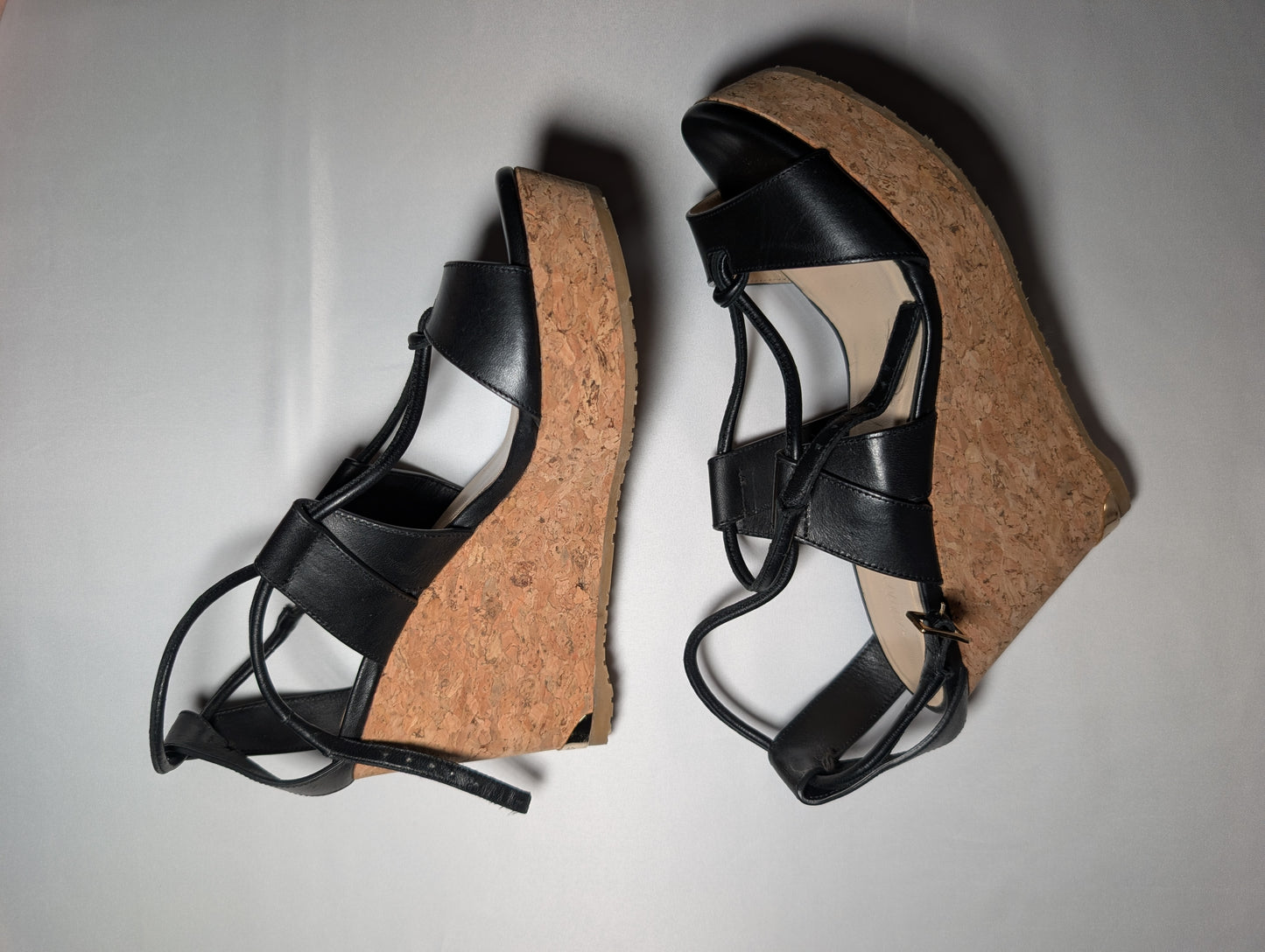 Jimmy Choo Black Leather Wedge Sandals - Size 37.5