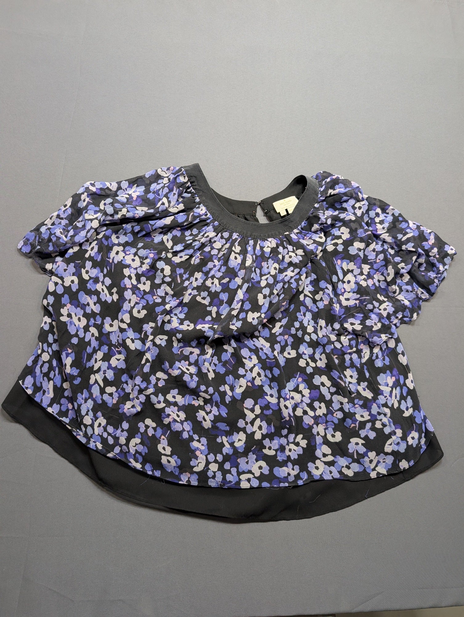 Kate Spade New York Floral Ruffle Blouse Top Black Blue Size L