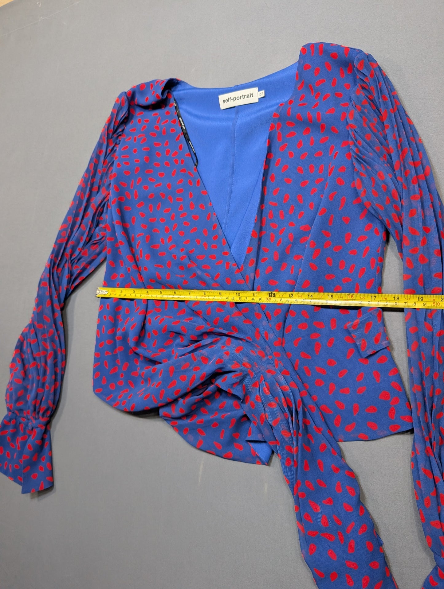 Self-Portrait Blue Red Spot Print Wrap Blouse Top UK12 US8 Long Sleeve