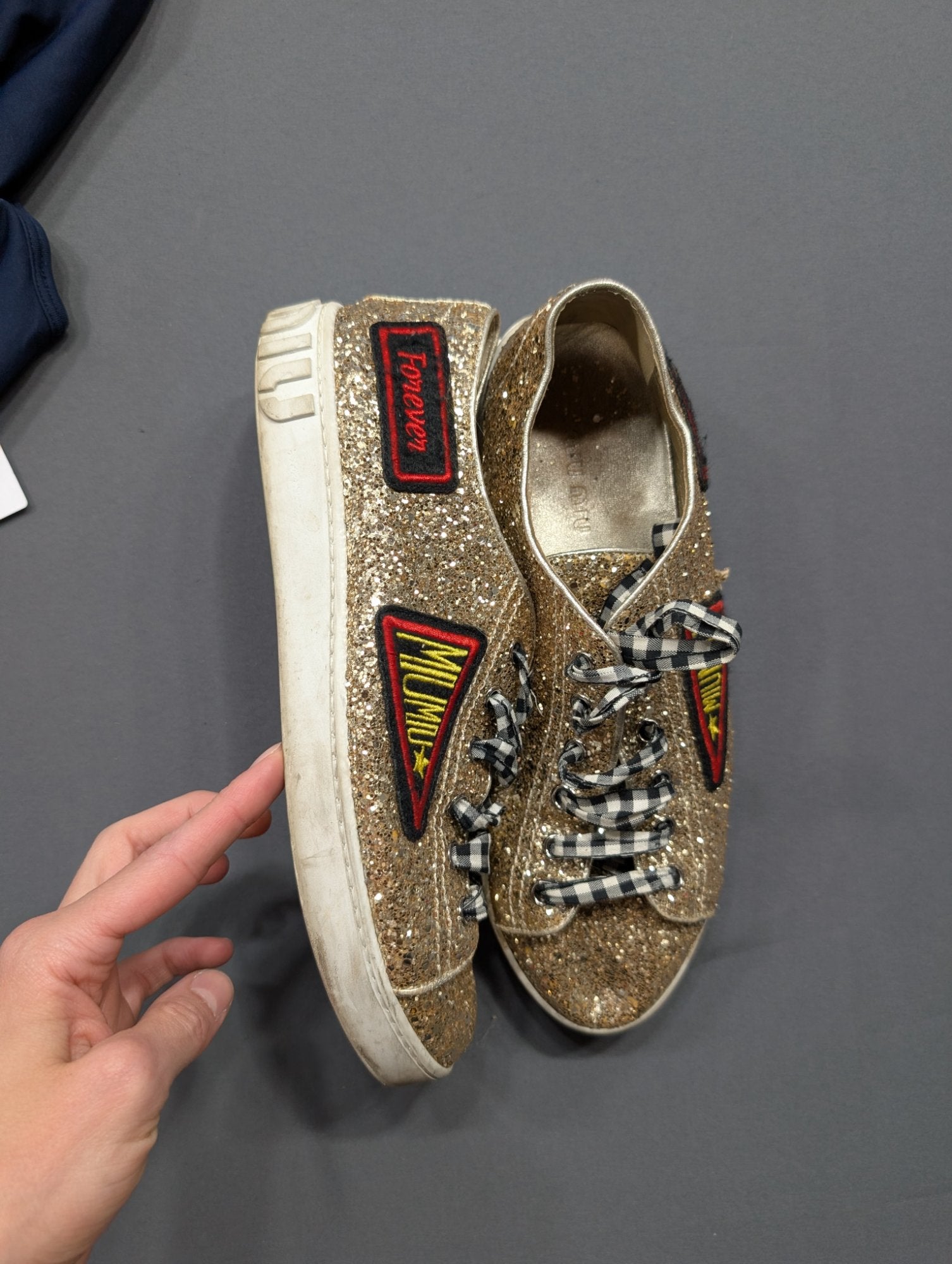 Miu Miu Gold Glitter Sneakers Patch Gingham Laces Women's