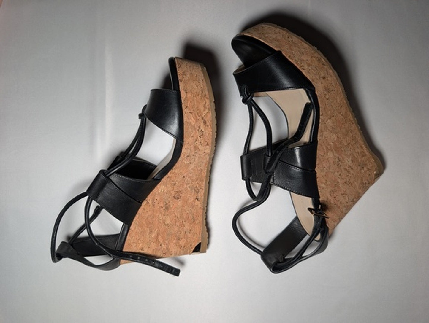 Jimmy Choo Black Leather Wedge Sandals - Size 37.5
