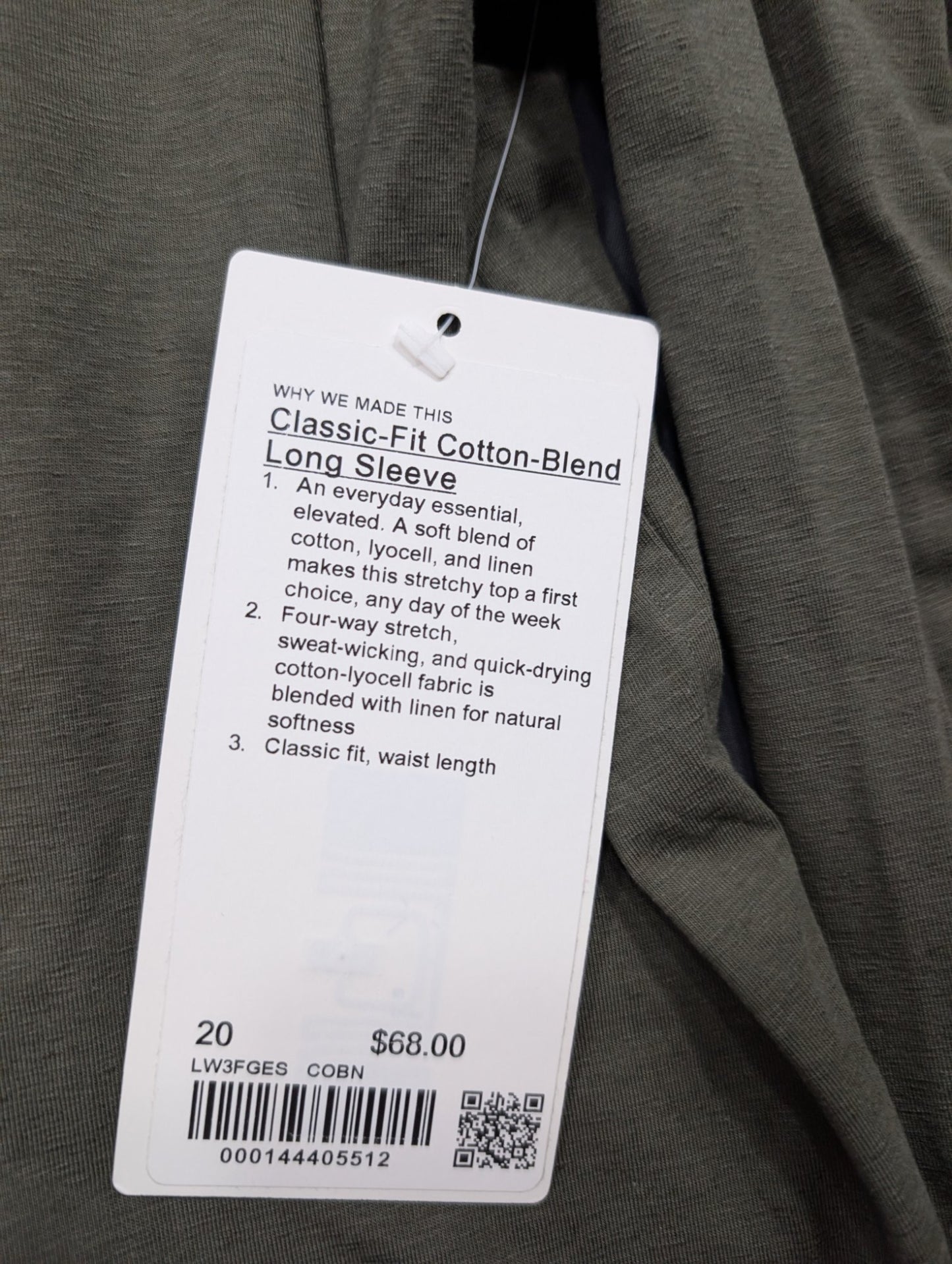 Lululemon Classic-Fit Cotton-Blend Long Sleeve Top Size 20 Olive