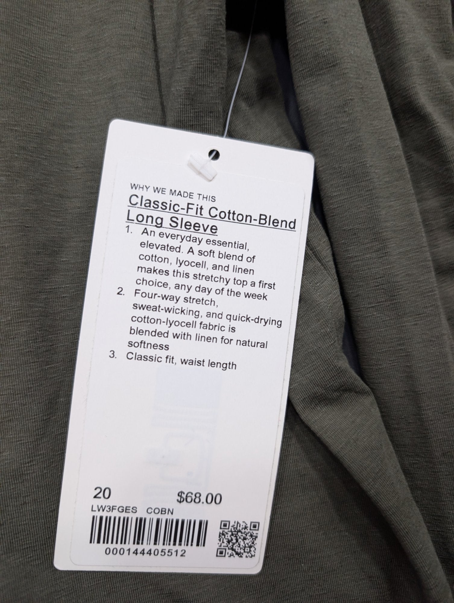 Lululemon Classic-Fit Cotton-Blend Long Sleeve Top Size 20 Olive
