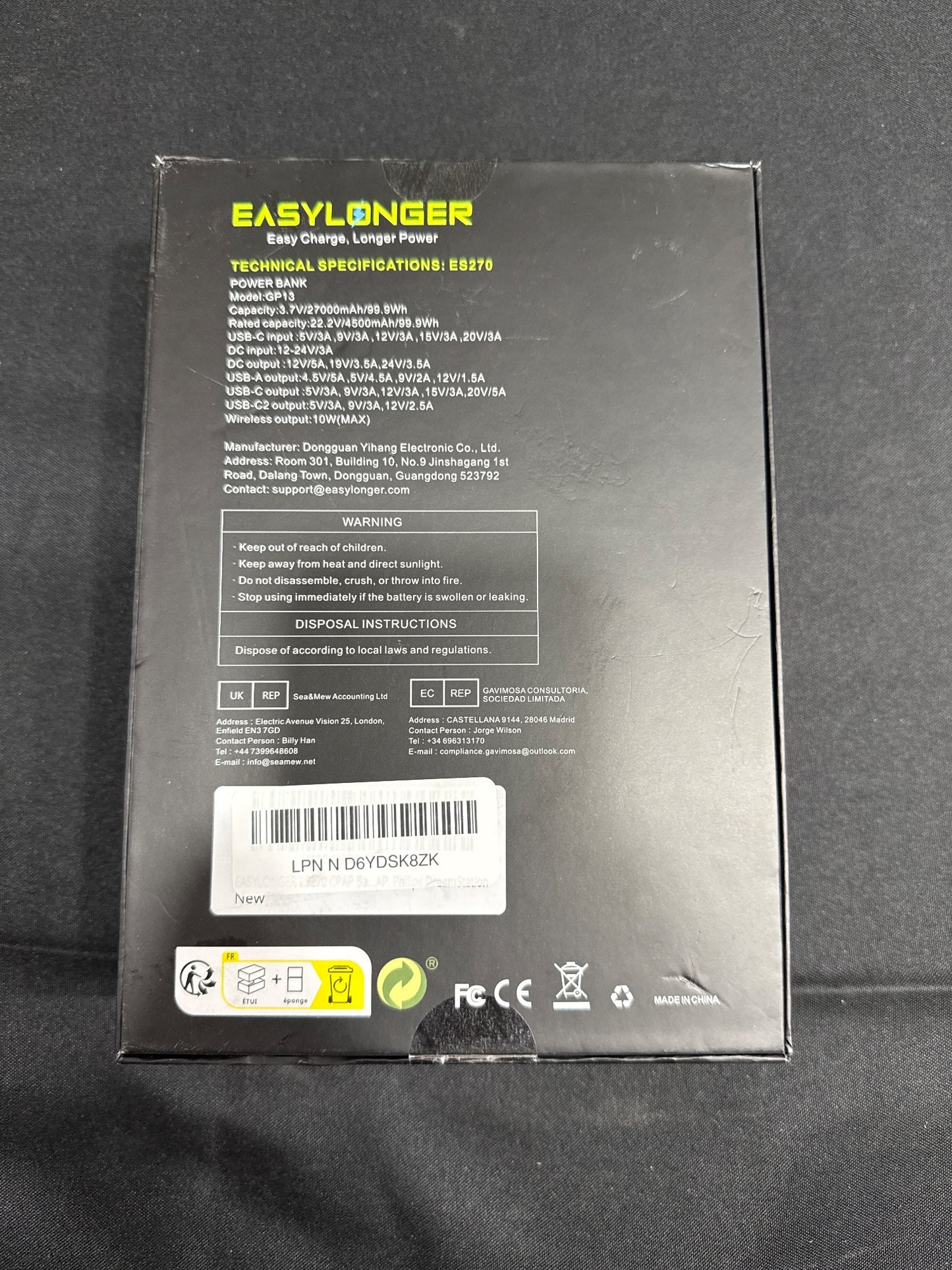 EasyLonger ES270 Travel CPAP Battery 27000mAh 99.9Wh Power Bank