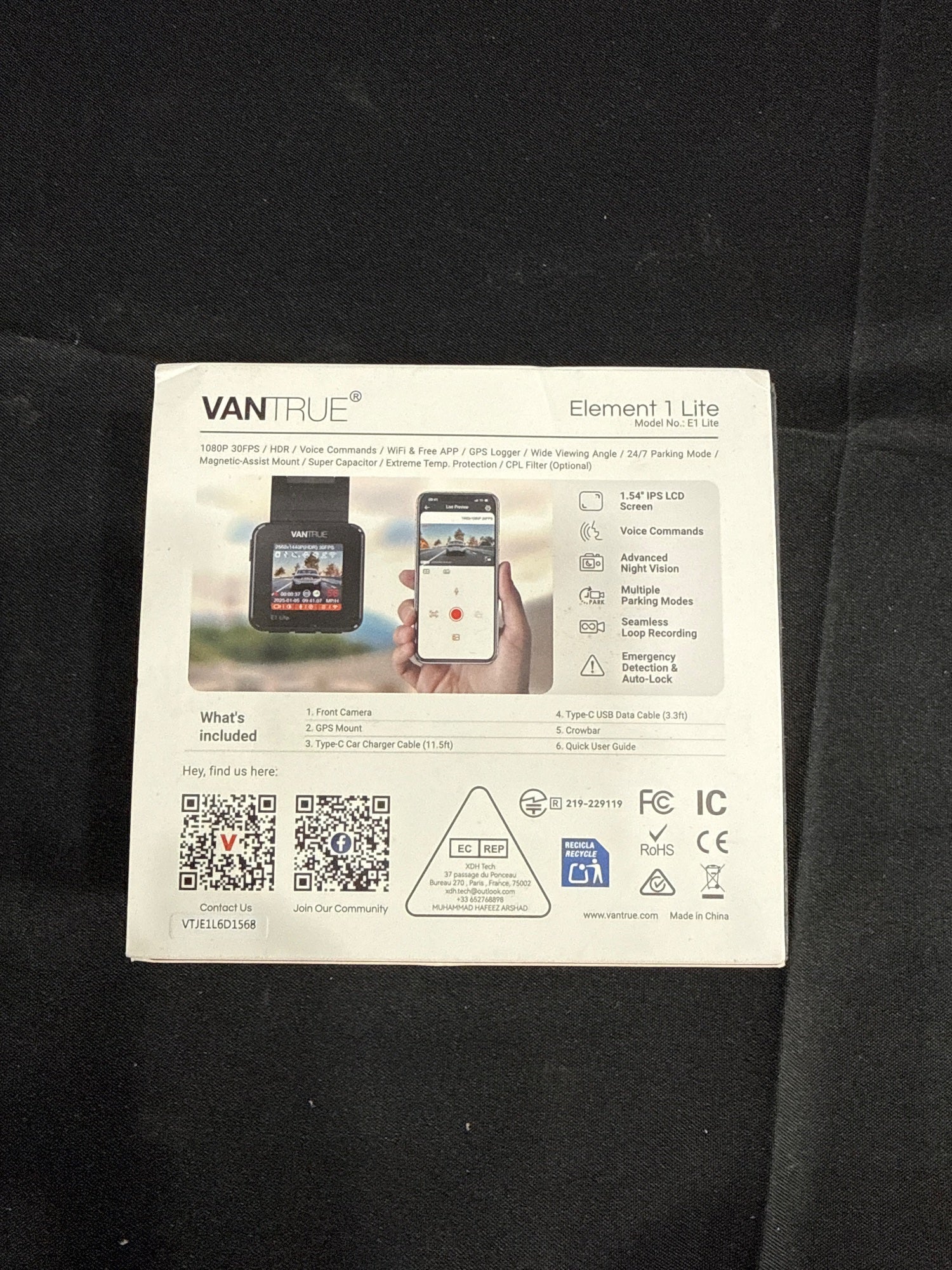 Vantrue Element 1 Lite E1 Lite Dash Cam 1080P HDR WiFi GPS Voice