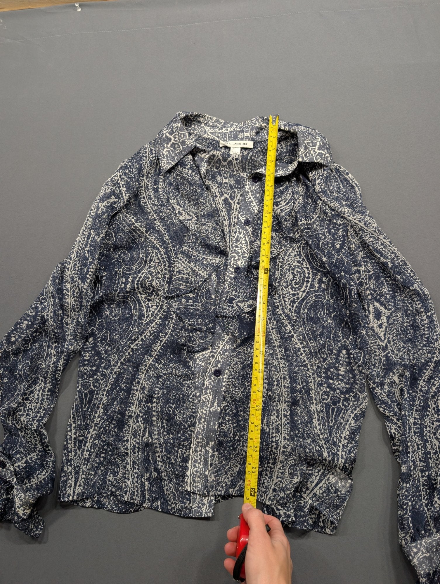 St. John Paisley Ruffle Blouse Blue White Button-Up Long Sleeve Top