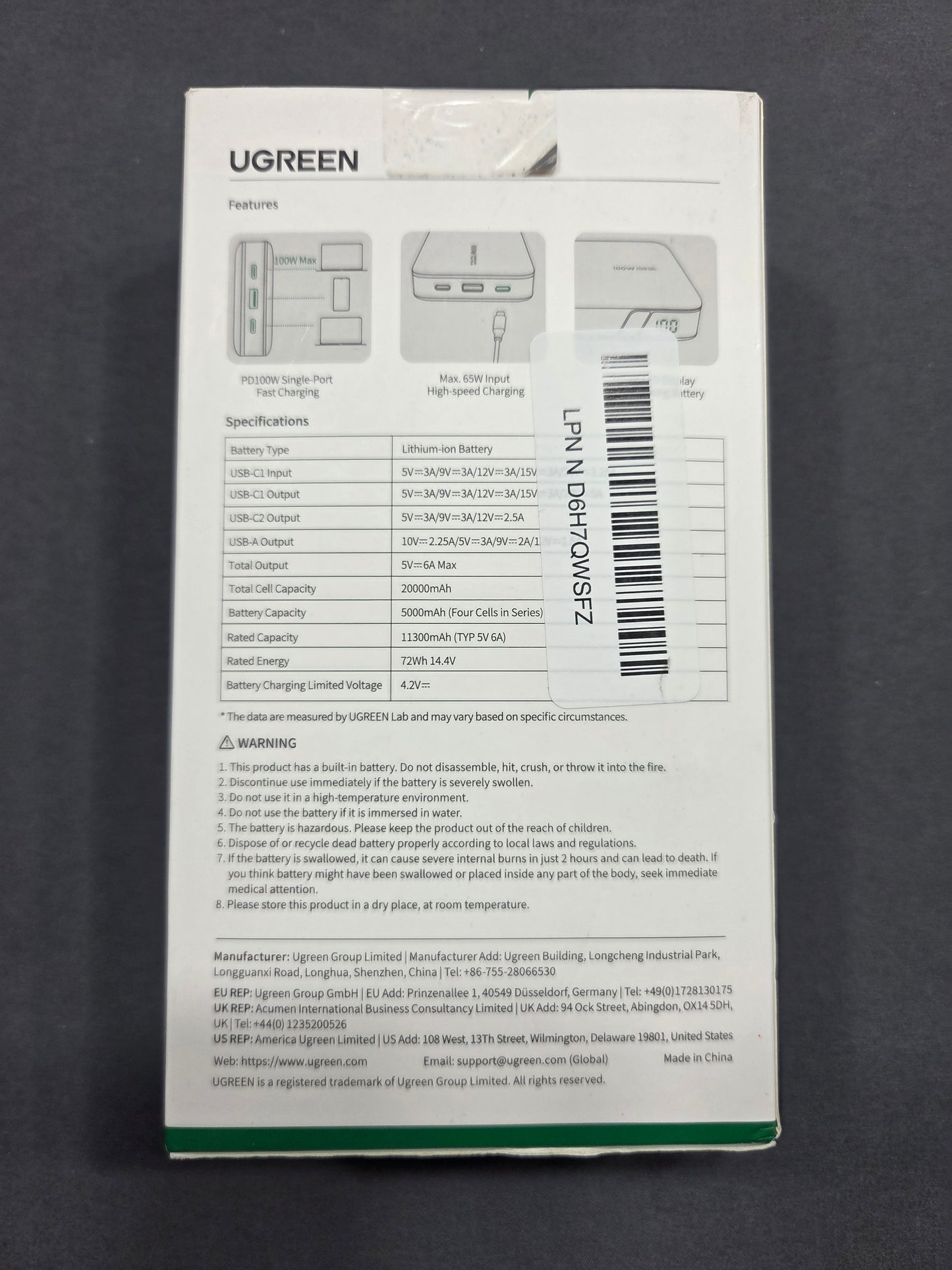 UGREEN 100W 20000mAh Power Bank Fast Charging USB-C PD 3.0