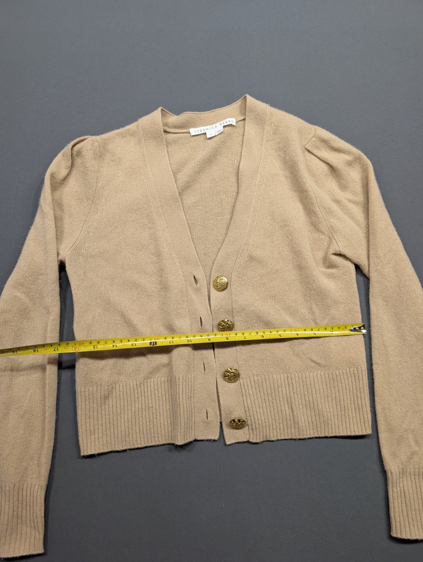 Veronica Beard Camel Cropped Cardigan XS Gold Crest Buttons Knit