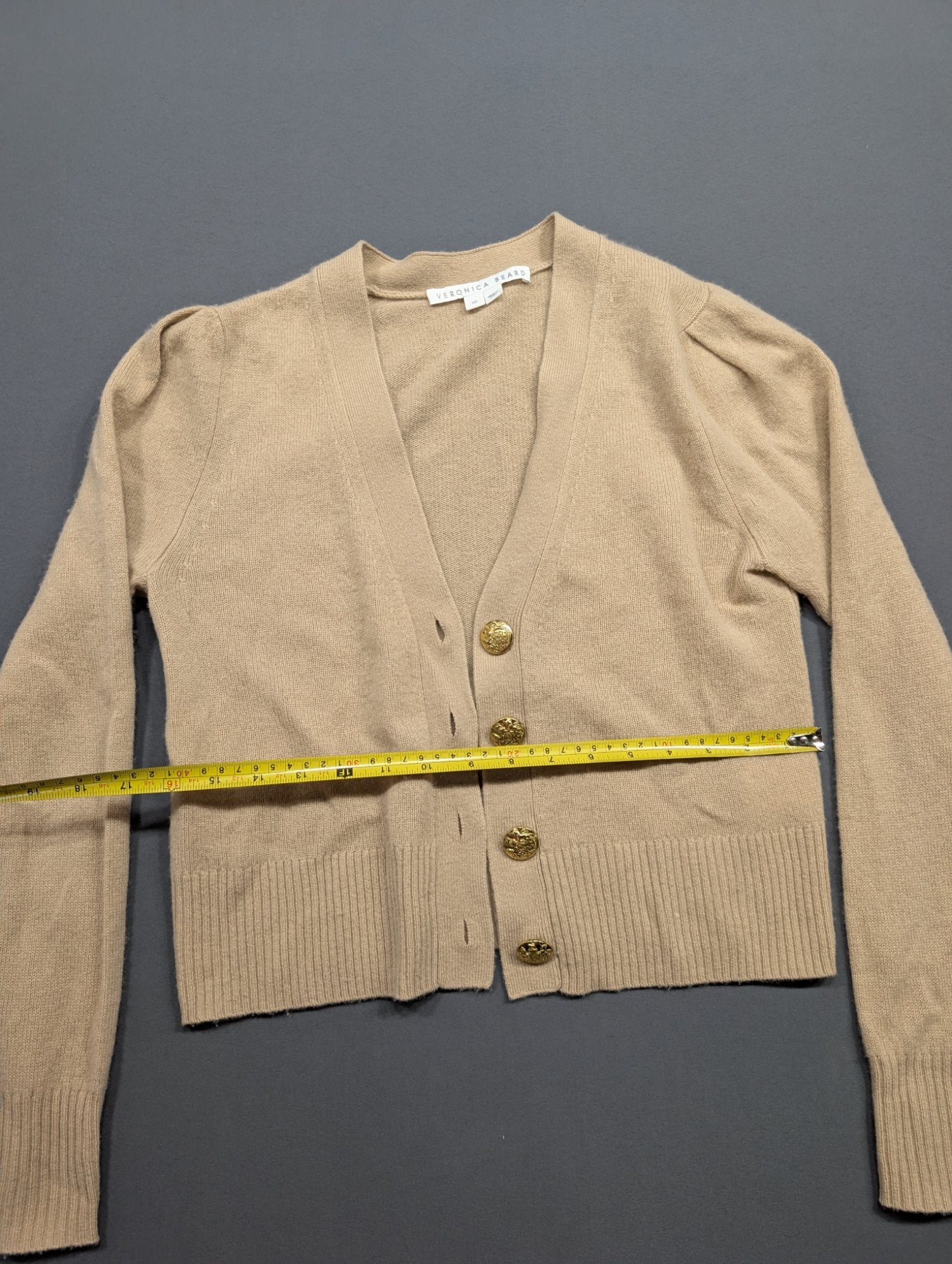 Veronica Beard Camel Cropped Cardigan XS Gold Crest Buttons Knit