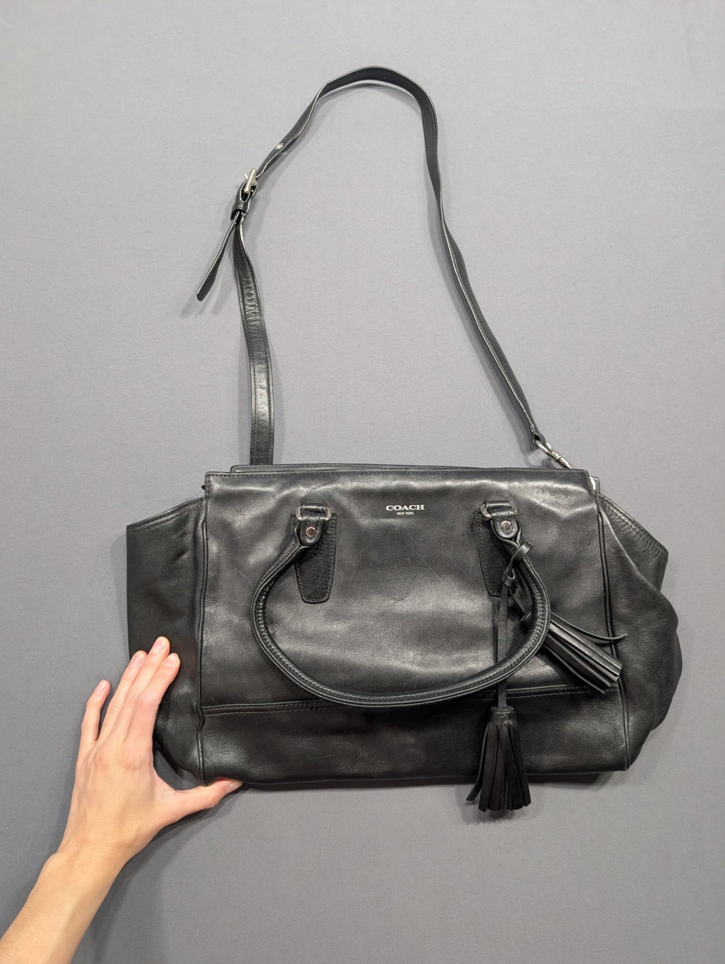 Coach Black Leather Large Satchel Tote Bag Tassel Crossbody