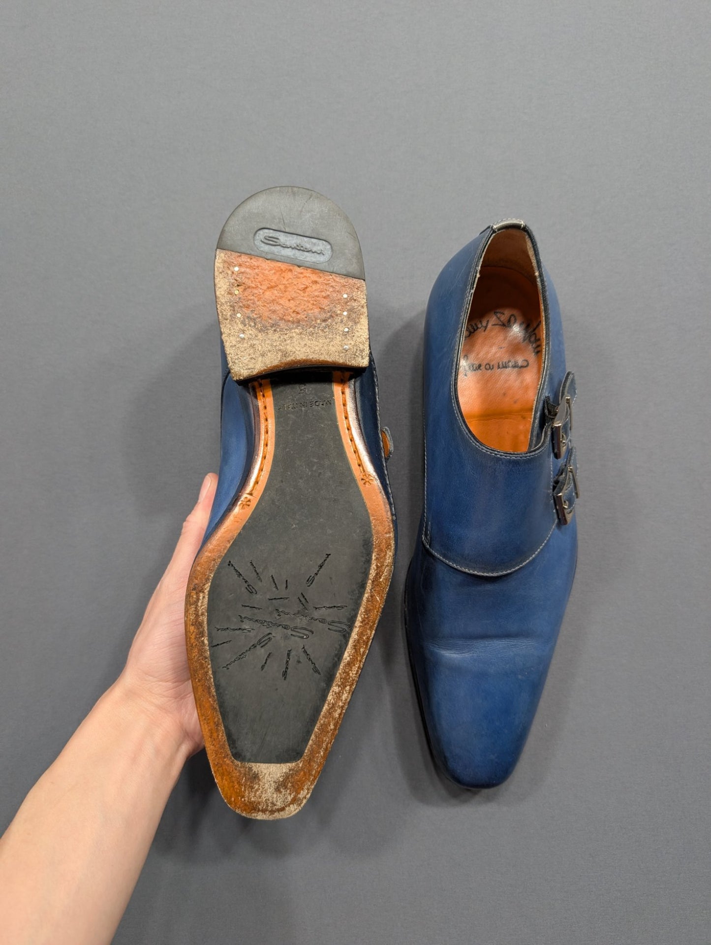 Santoni Blue Leather Double Monk Strap Dress Shoes Men