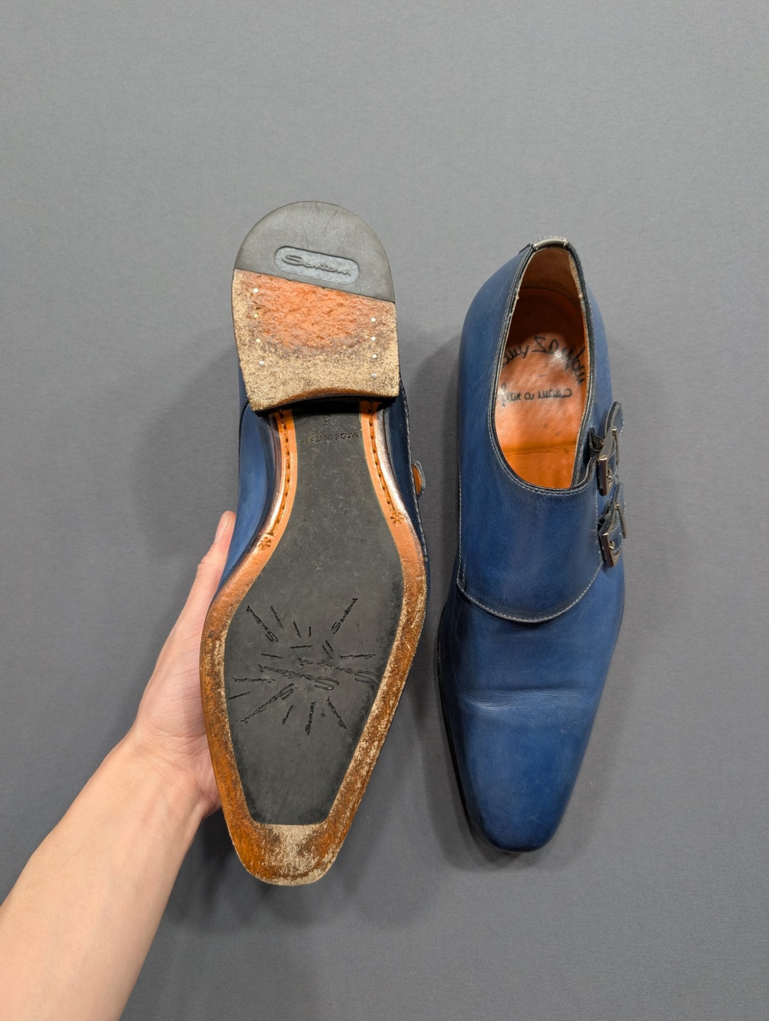 Santoni Blue Leather Double Monk Strap Dress Shoes Men
